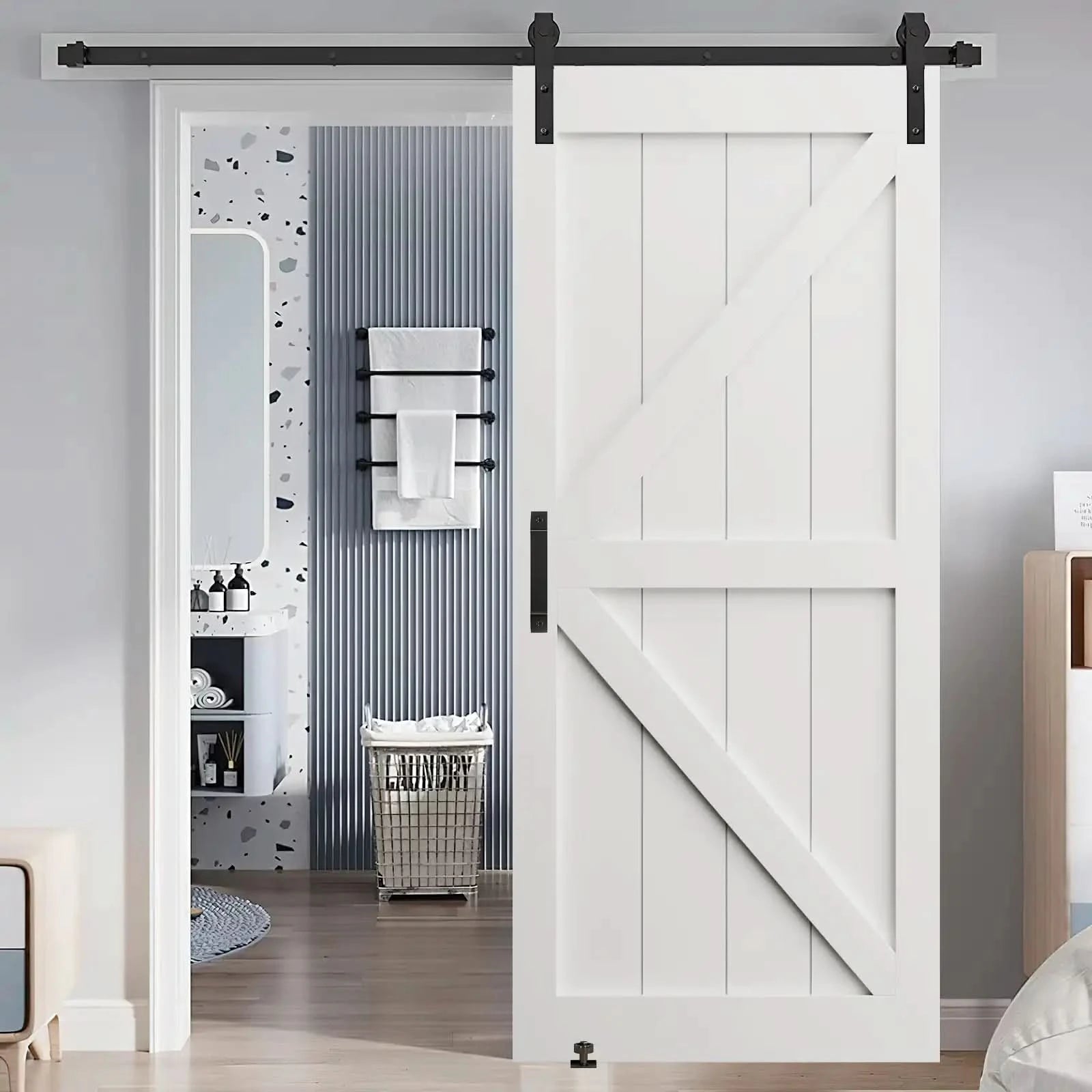 K Style Real Primed Barn Door Slab with 6.6FT Barn Door Sliding Hardware color:white