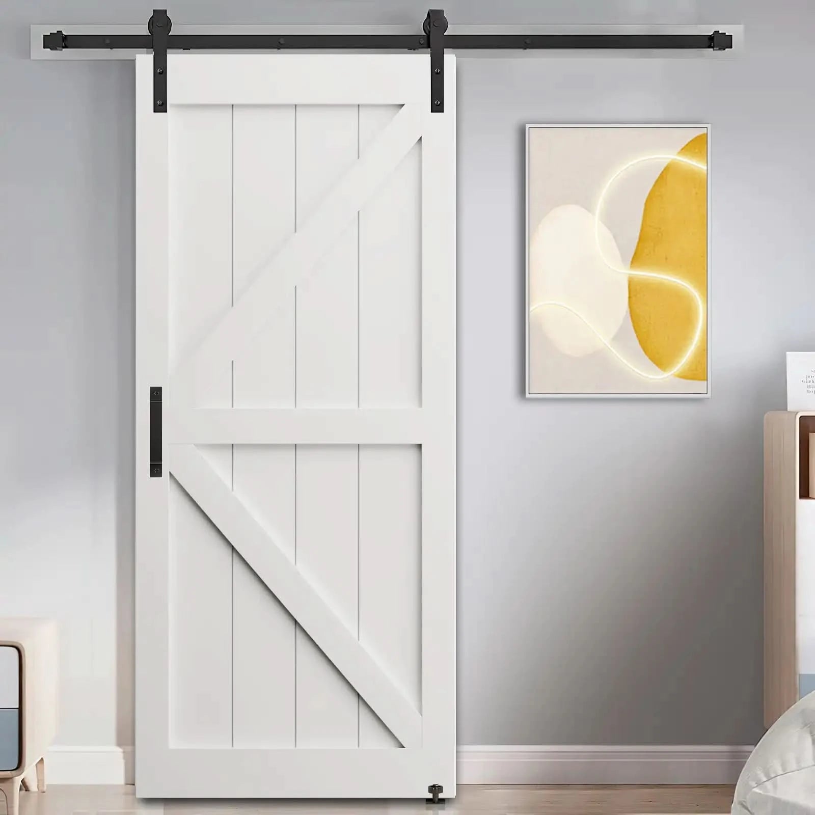 K Style Real Primed Barn Door Slab with 6.6FT Barn Door Sliding Hardware color:white