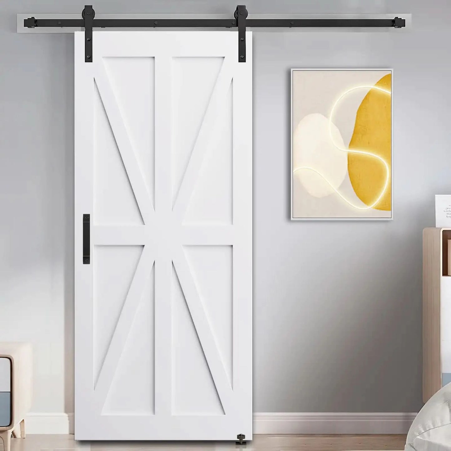 Star Style Real Primed Barn Door with 6.6FT Barn Door Sliding Hardware color:white