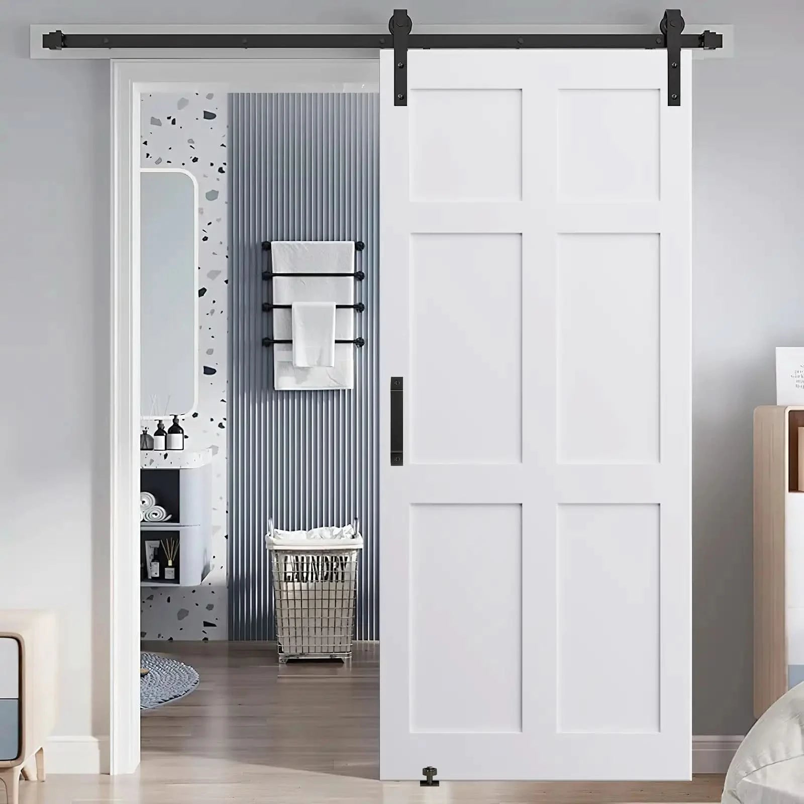 Six Paneled Real Primed Barn Door Slab with 6.6FT Barn Door Sliding Hardware color: white