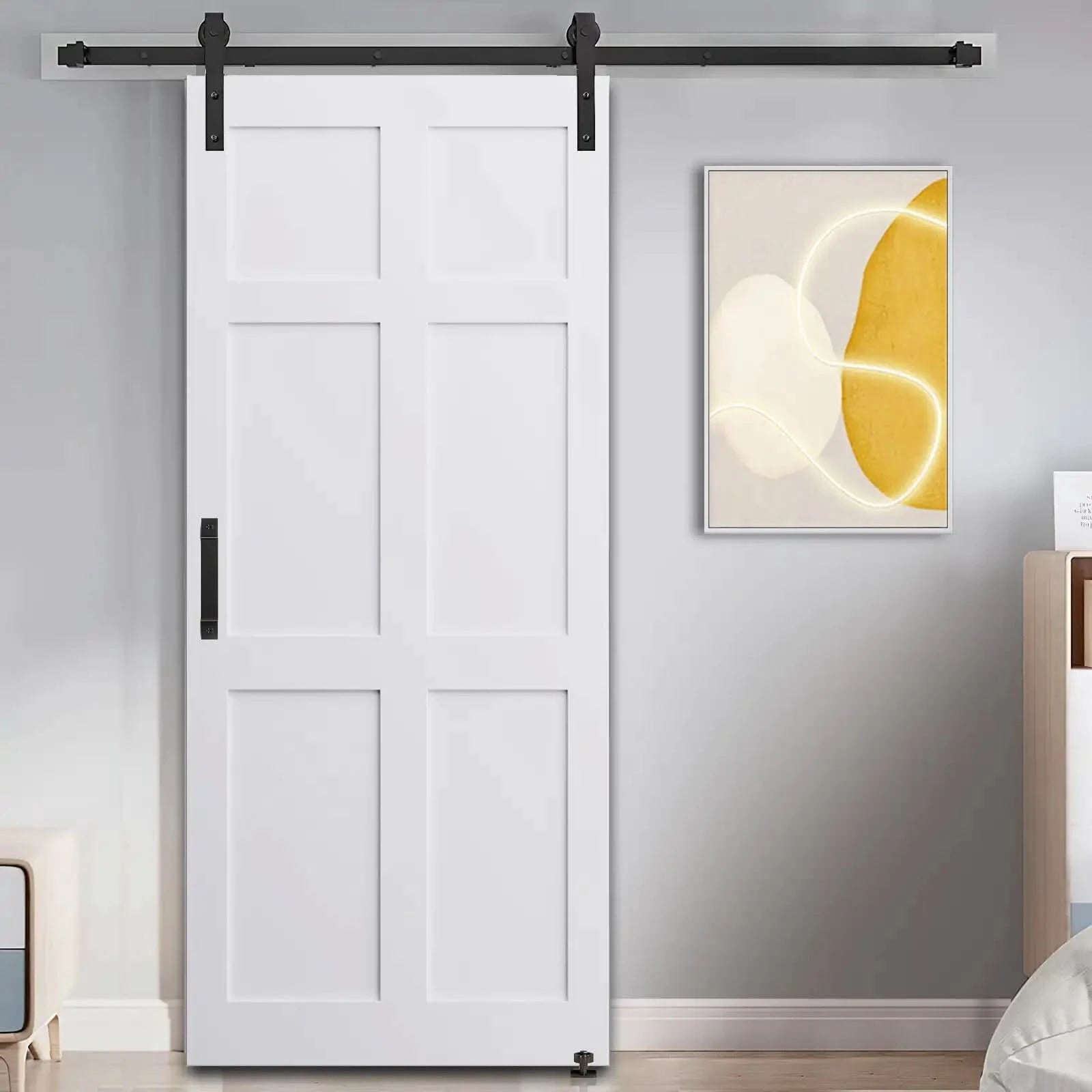 Six Paneled Real Primed Barn Door Slab with 6.6FT Barn Door Sliding Hardware color: white