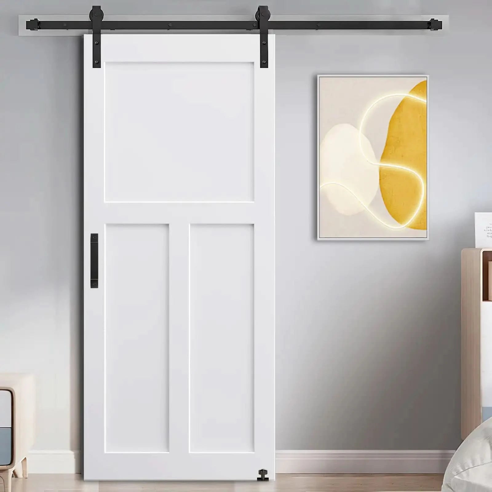 T Style Real Primed Door Slab with 6.6FT Barn Door Sliding Hardware color：White