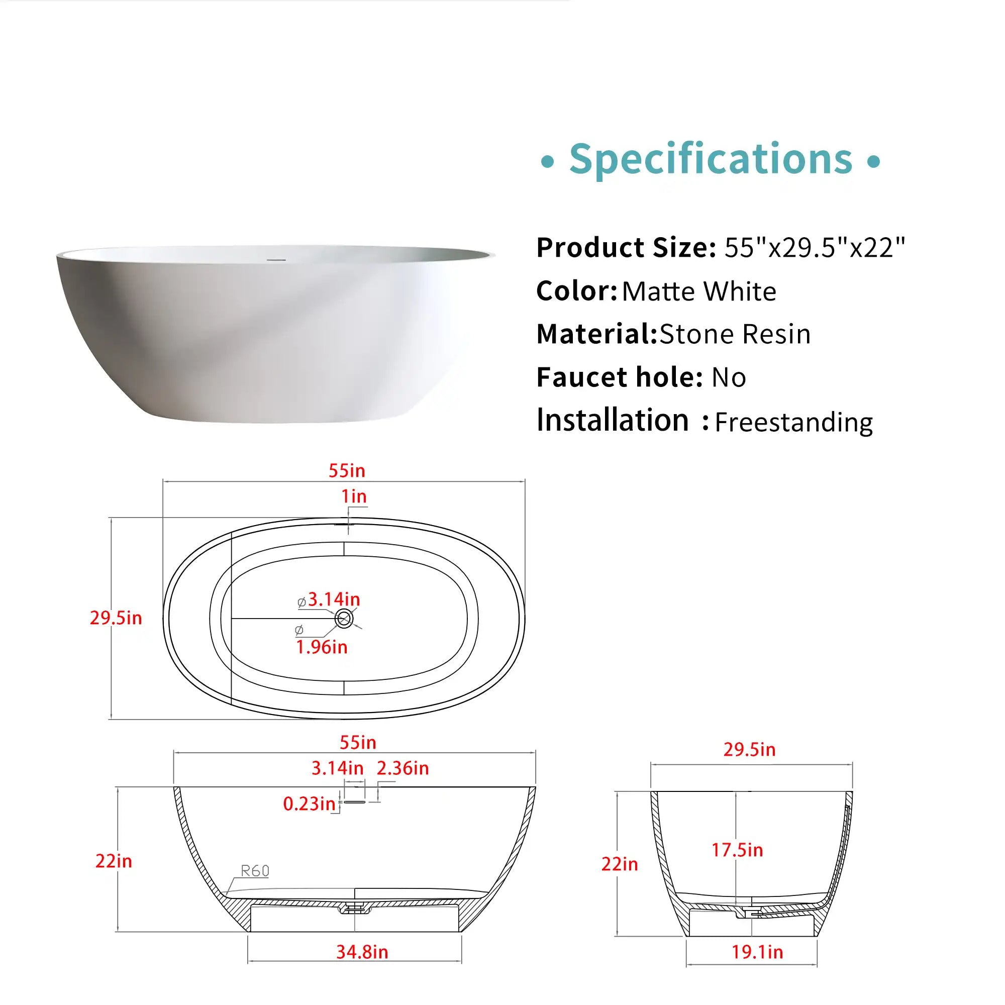 Freestanding bathtub Solid Surface Bathtub specifications and dimensions.