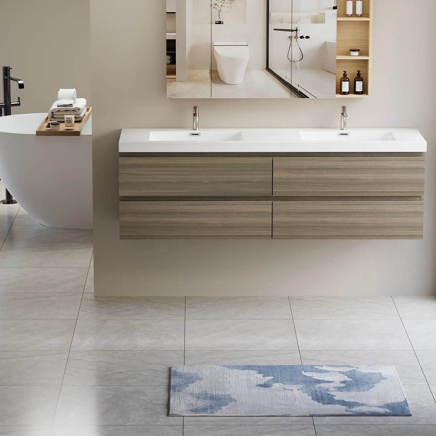 Sleek Floating Bathroom Vanity with Dual Resin Basins & Soft Close Drawers color: Ash Grey