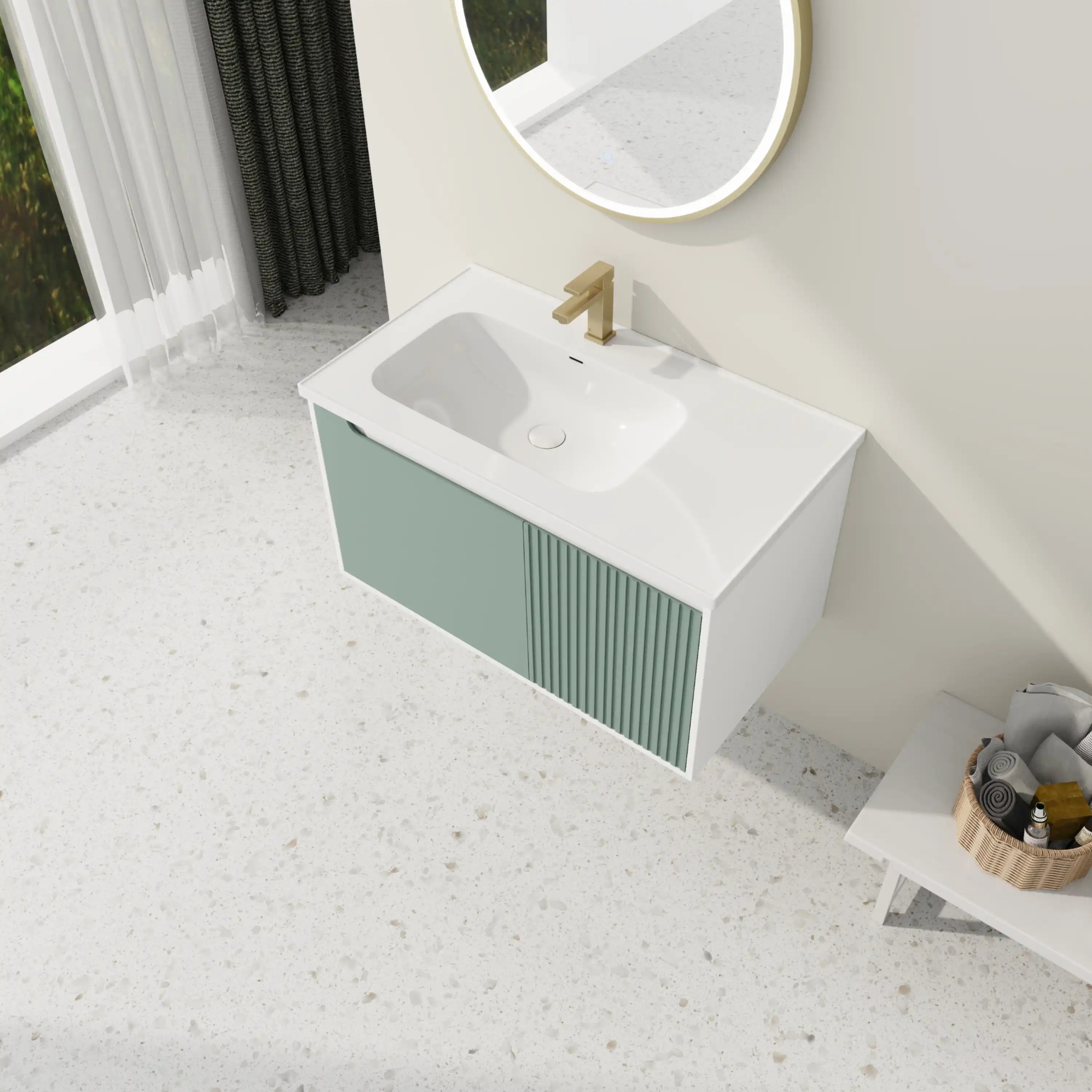 Top view of AeroMint wall-mounted 36" bathroom vanity in a natural light bathroom.