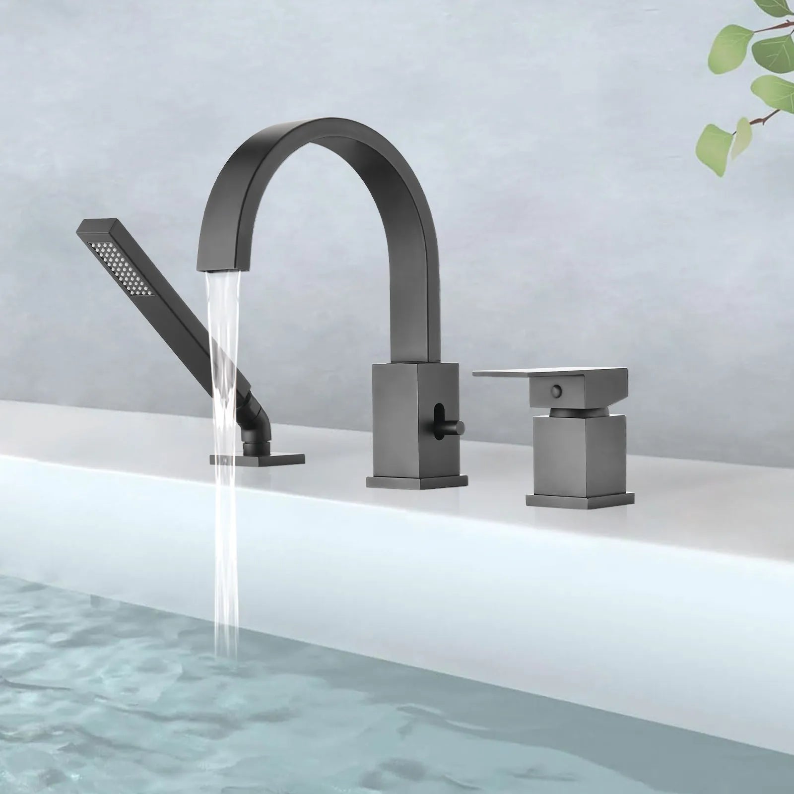 FLUNIX Matte Black Brass Waterfall Roman Deck Mounted Tub Faucet Set with Hand Shower