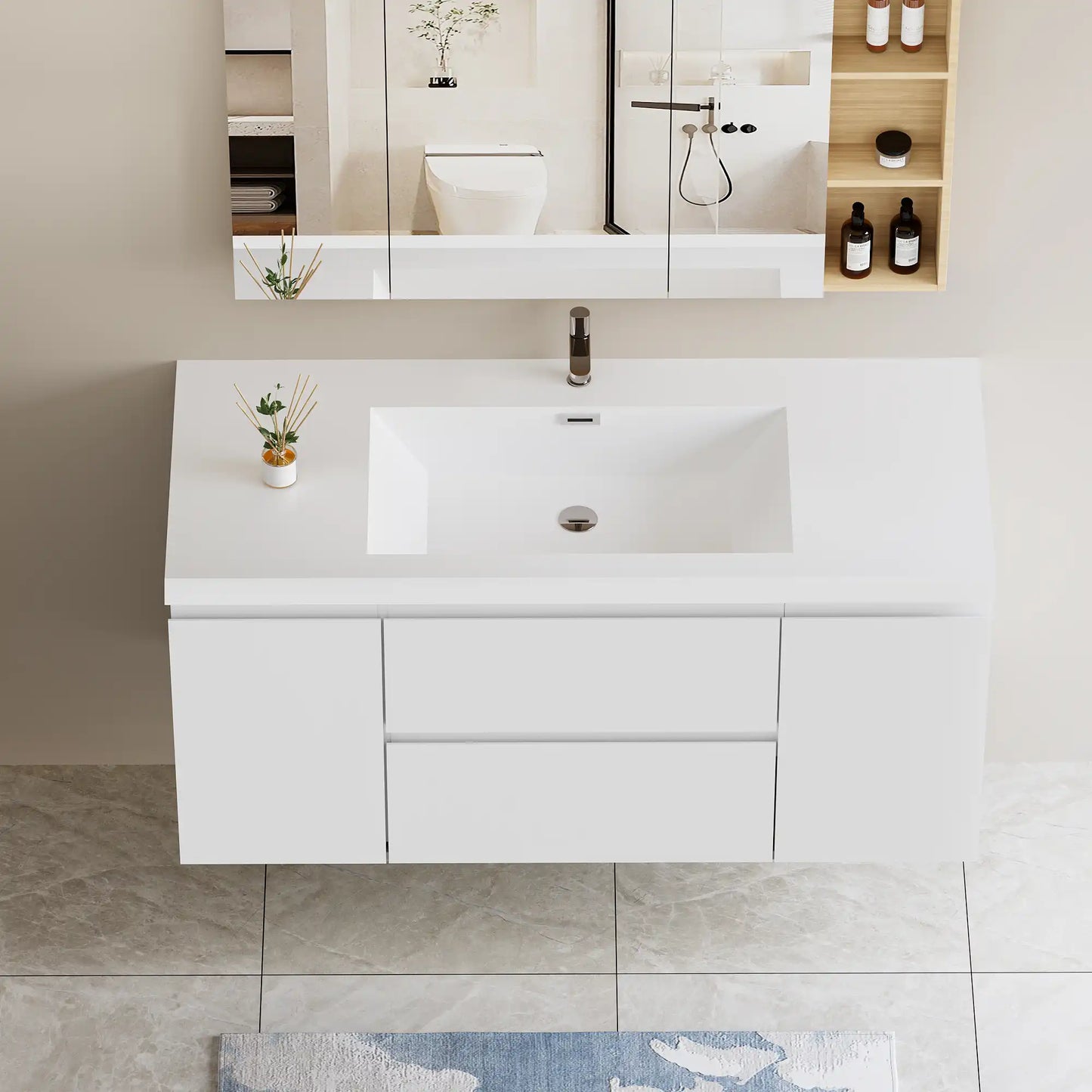 Modern Floating Bathroom Vanity with Resin Top Basin & Soft Close Drawers - Wall-Mounted Storage Cabinet color: White