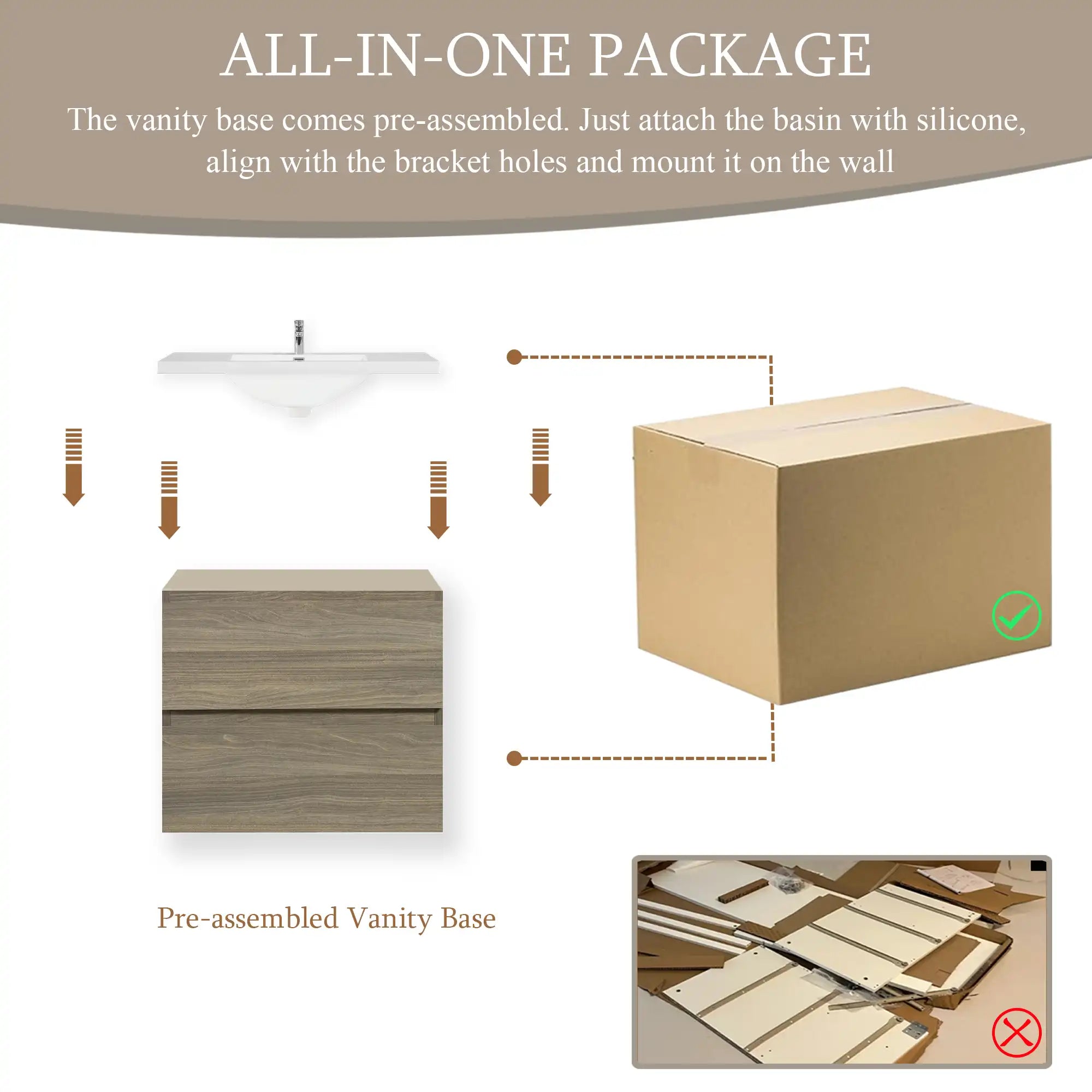 Oakmere Series 24" Ash Grey Bathroom Floating Vanity with Resin Sink &amp; 2 Soft-Close Drawers