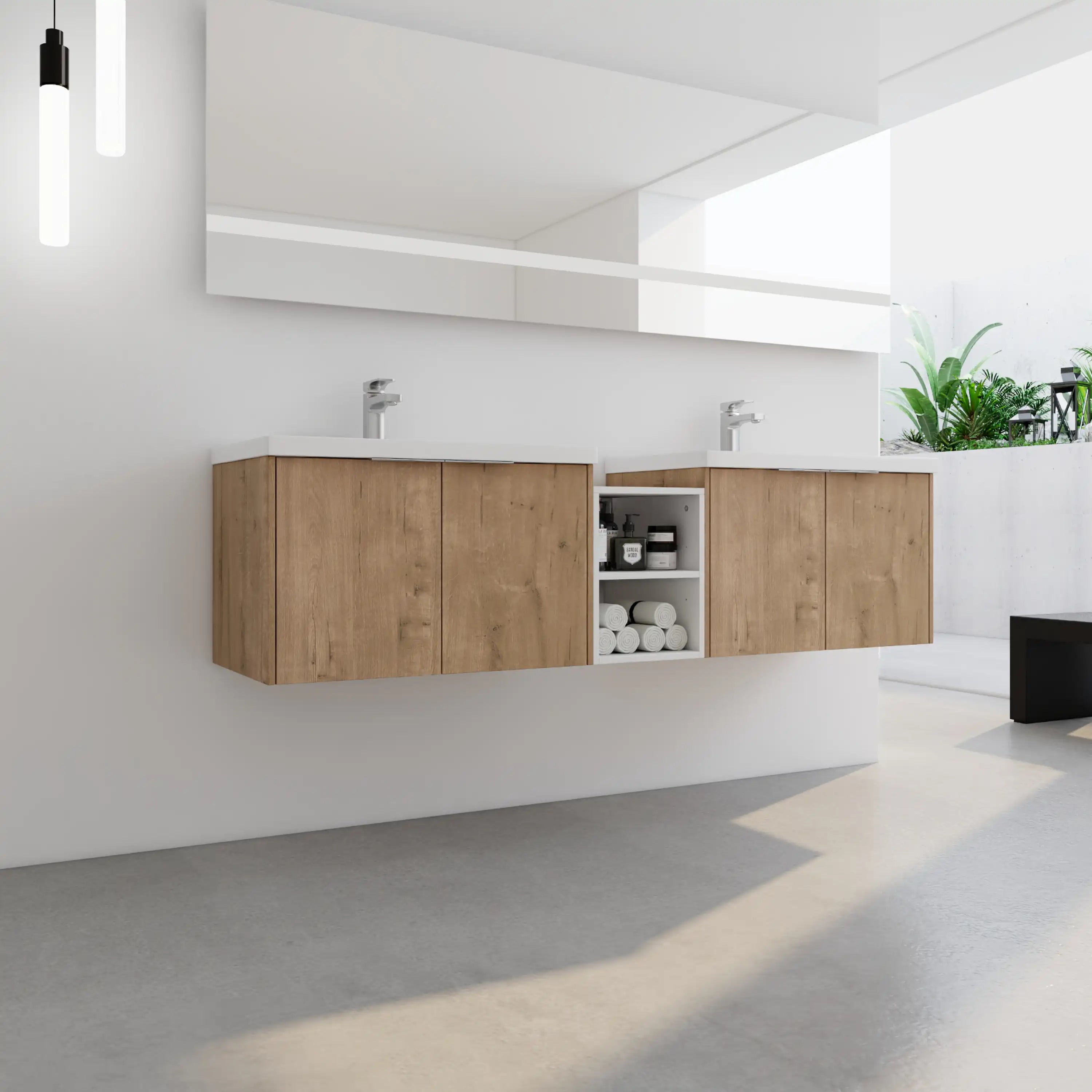 Monterey Series 72 inch bathroom vnaity with double resin sink and rectangle mirror in a natural light bathroom.