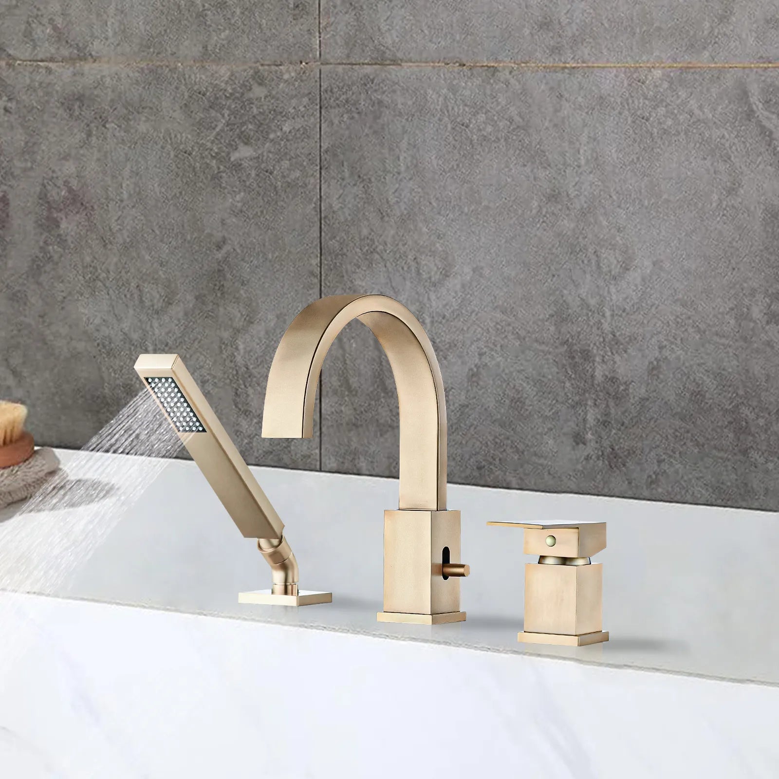 FLUNIX Brushed Gold Brass Waterfall Roman Deck Mounted Tub Faucet Set with Hand Shower