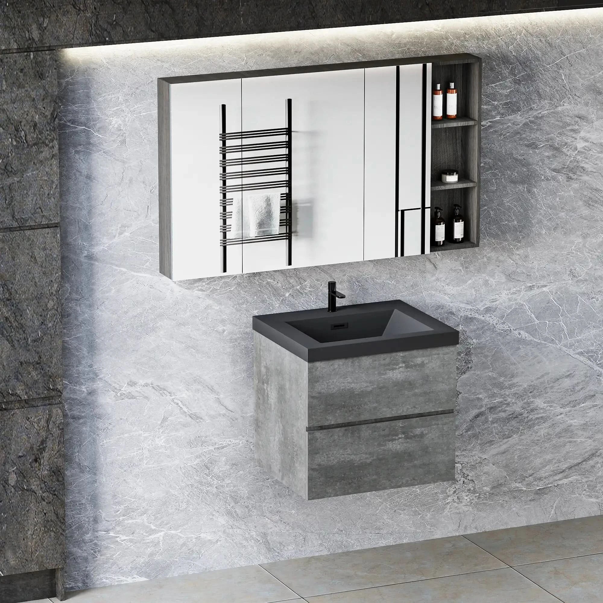 Floating Bathroom Vanity with Quartz Sand Basin and Soft Close Drawers color: Grey