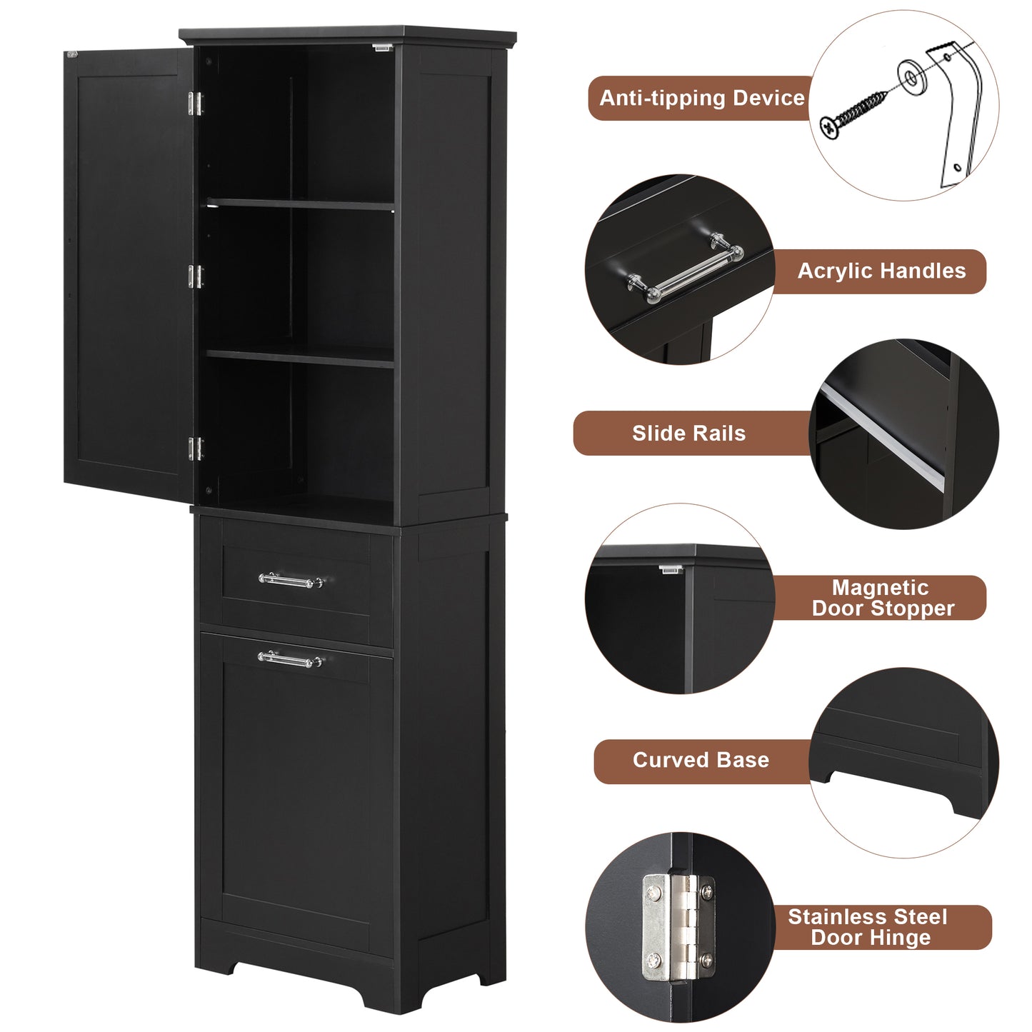 freestanding tall bathroom storage cabinet with two drawers color:black