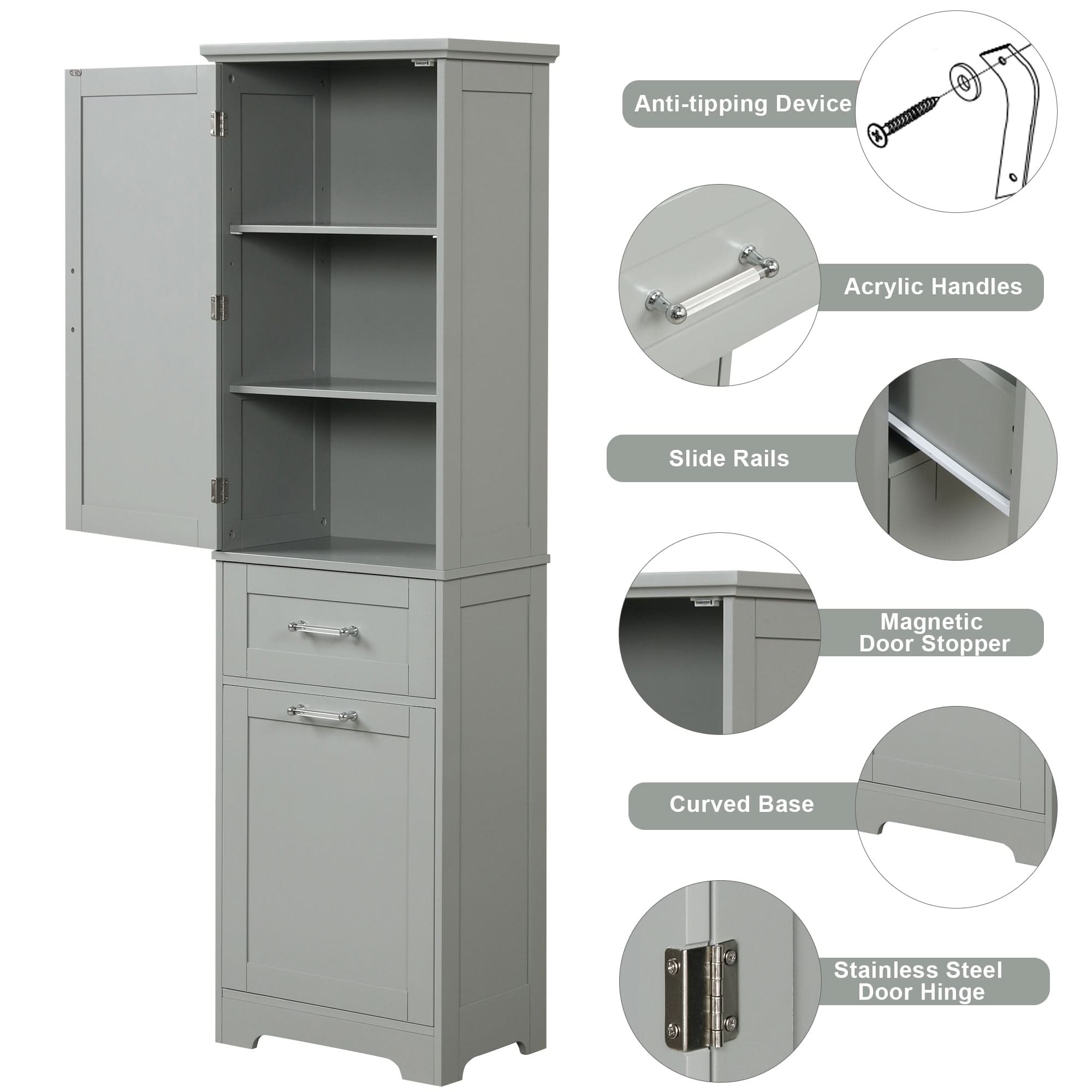 Grey Valmor 68.1 inch tall bathroom storage cabinet featuring anti-tipping device, acrylic handles, slide rails, magnetic door stopper, curved base and stainless steel door hinge.