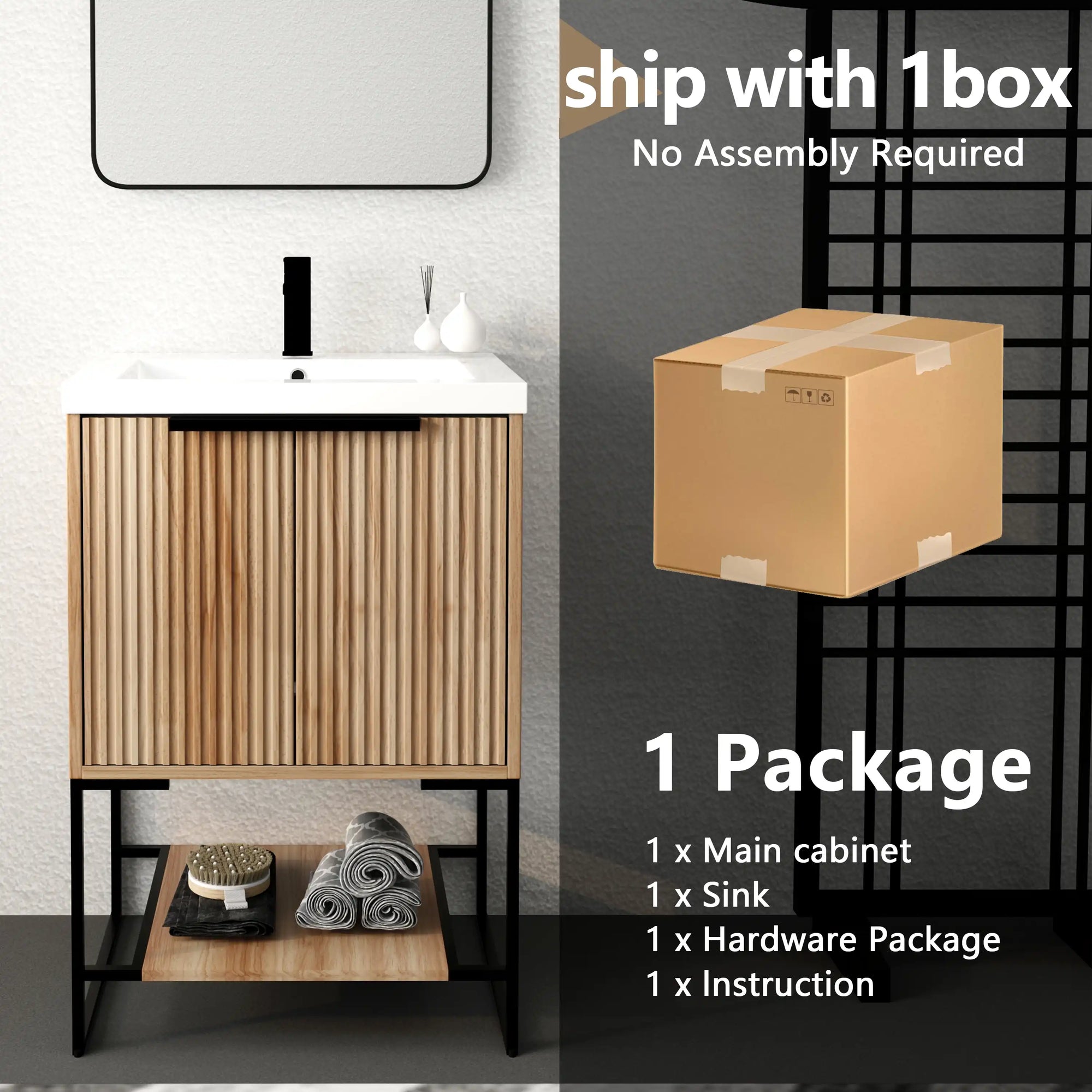 Freestanding 24 inch bathroom vanity with sink packaging details and included components | Ace Decor