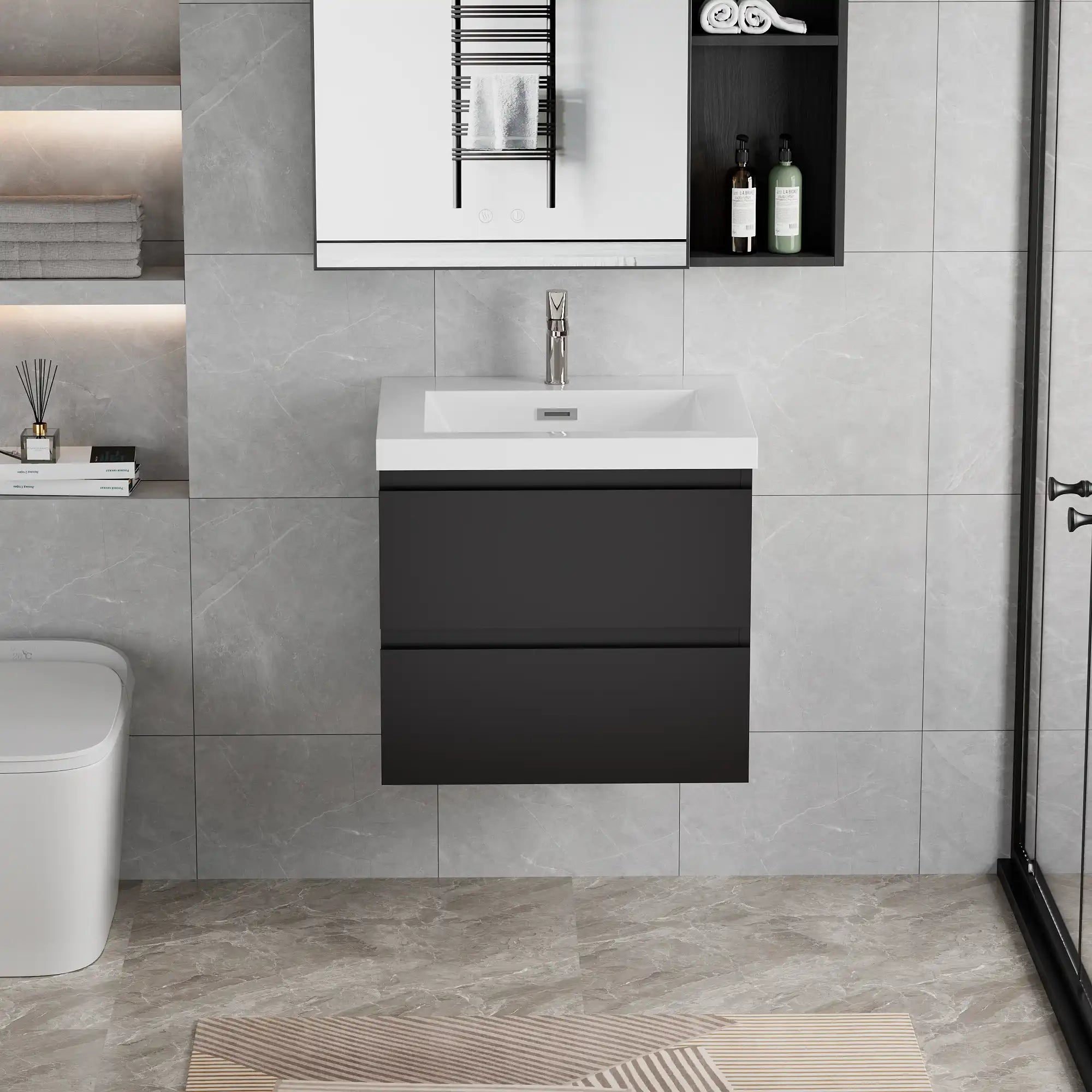 23-42 Inch Glossy Black Bathroom Floating Vanity with Resin Sink and 2 Soft-Close Drawers