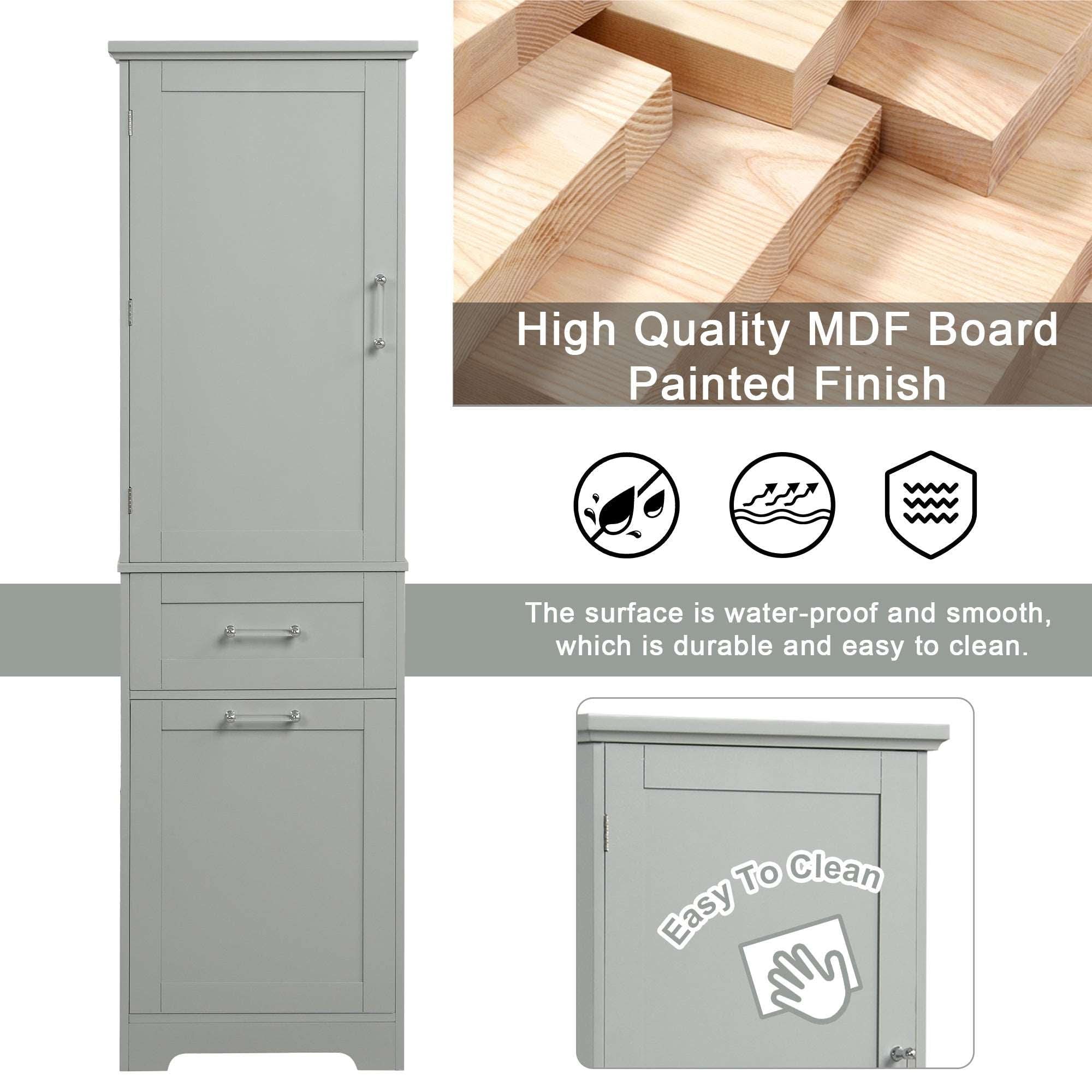 Grey Valmor 68.1 inch tall bathroom storage cabinet built with high quality MDF Board and painted finish.