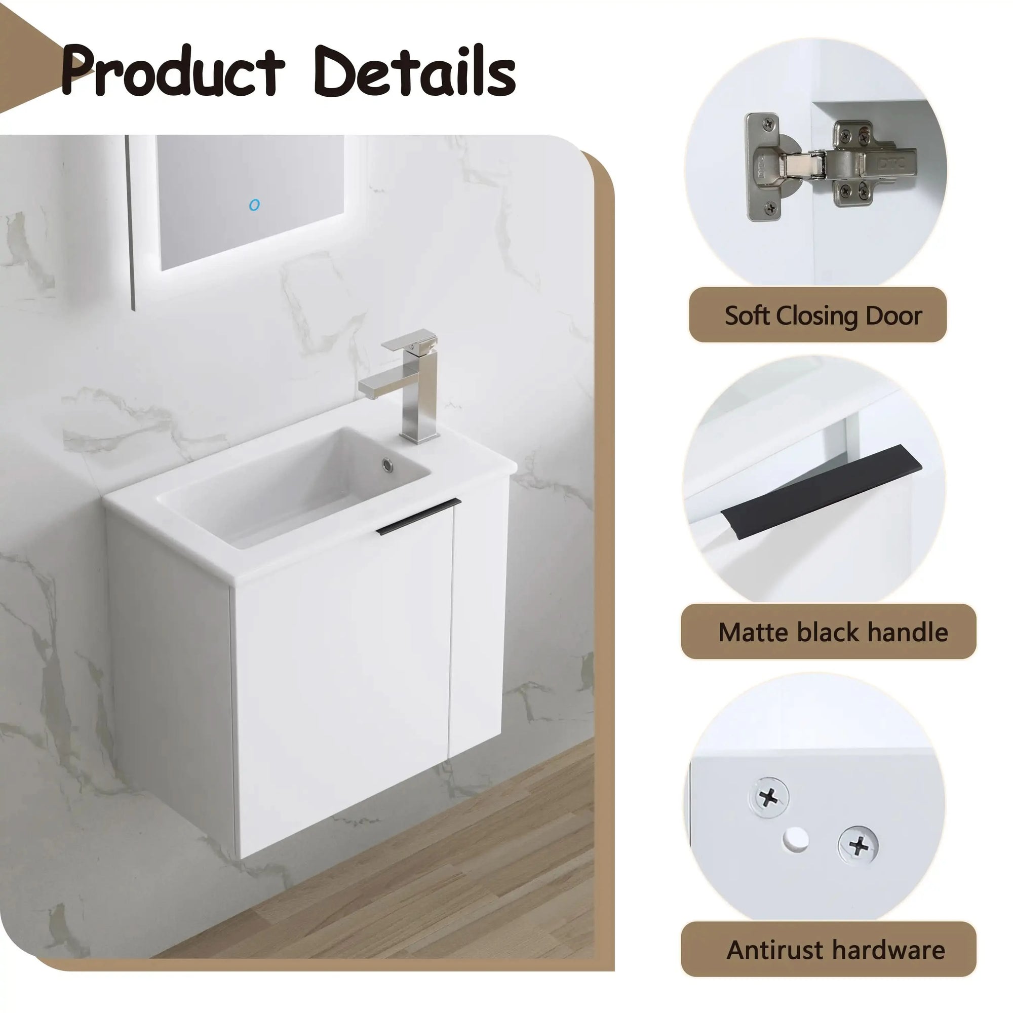 Bathroom Vanity with Sink 22 Inch for Small Floating Bathroom with Soft Close Door color: White