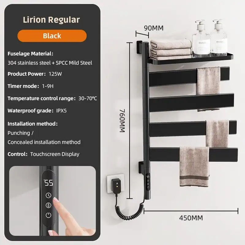 18 x 30 matte black heated towel rack with touchscreen temperature control and timer | Ace Decor