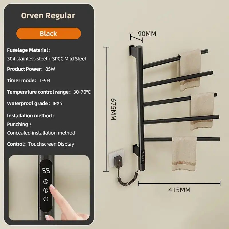 Orven regular black heated towel rack with touchscreen display and smart app control | Ace Decor
