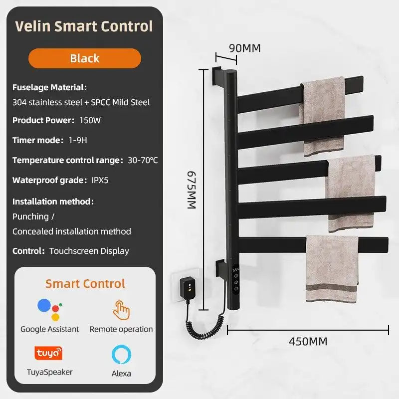 Velin Smart Control black electric towel warmer for bathroom with touchscreen, timer, and waterproof IPX5 rating | Ace Decor