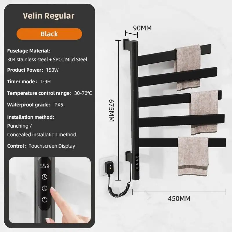 Velin Regular black electric towel warmer for bathroom with touchscreen, timer, and waterproof IPX5 rating | Ace Decor