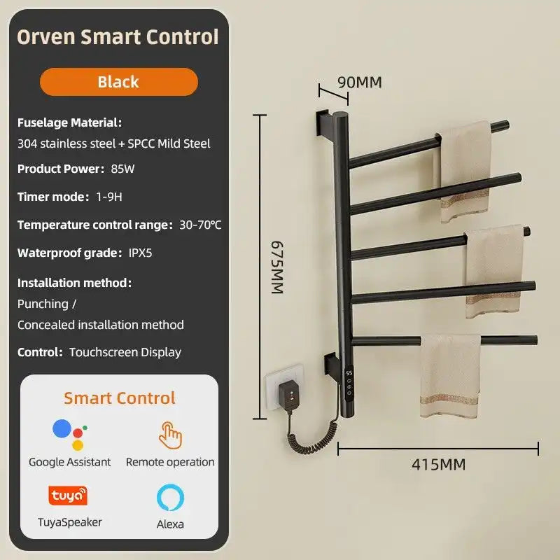 Orven Smart Control black heated towel rack with touchscreen display and smart app control | Ace Decor