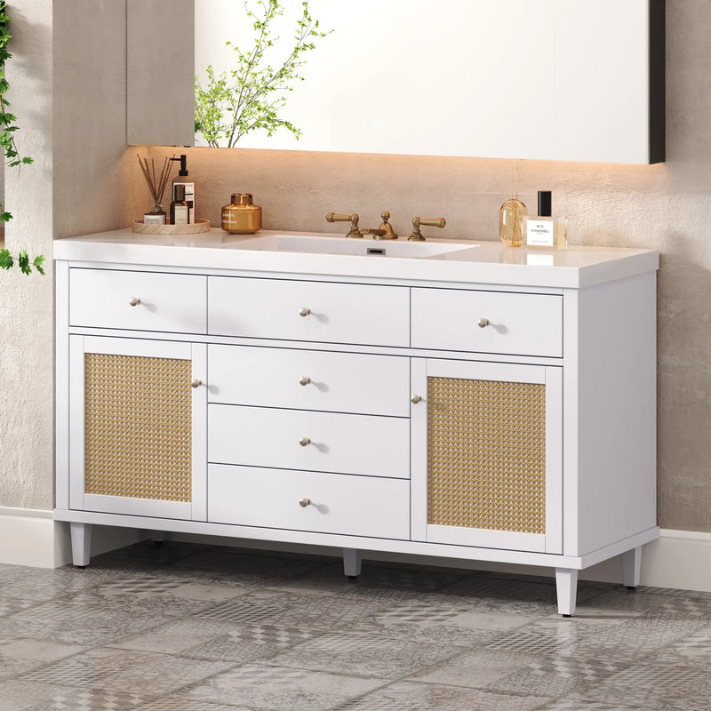 Soleil 60" Bathroom Vanity with Sink, Elegant White Cabinet with Drawers