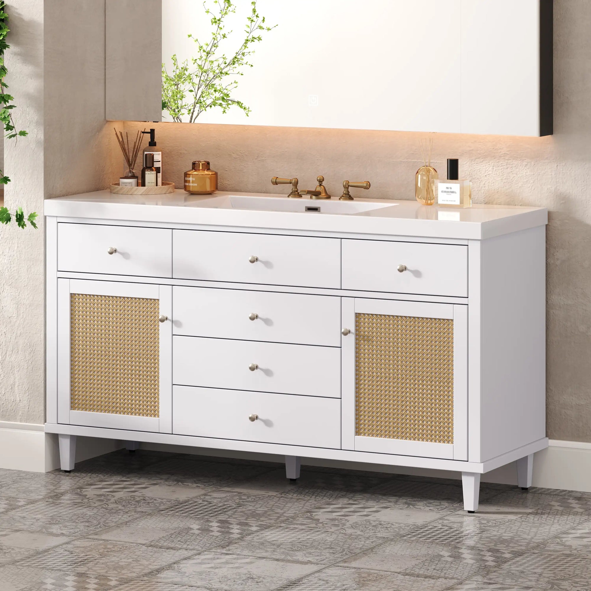 Soleil 60&quot; Bathroom Vanity with Sink, Elegant White Cabinet with Drawers