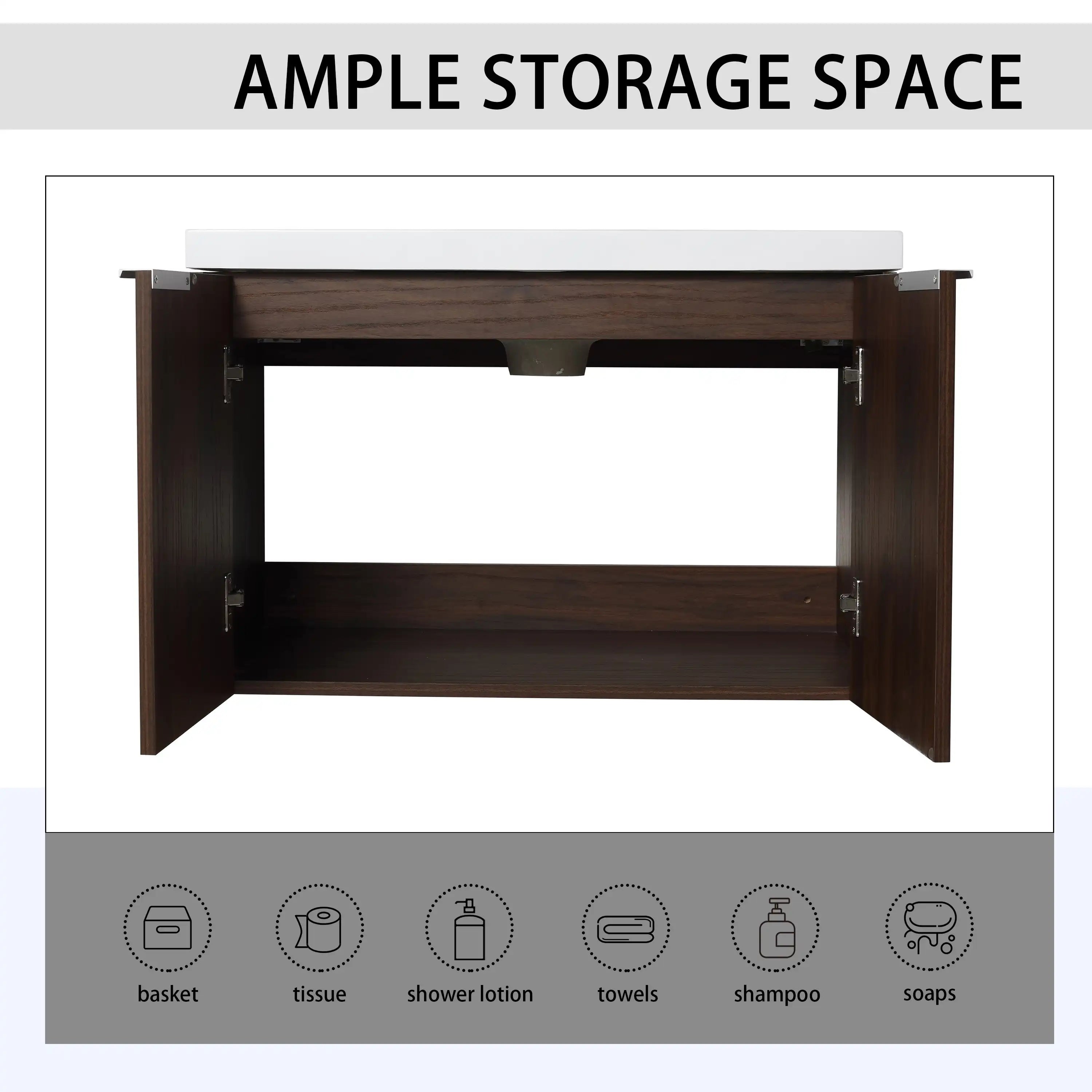 Monterey Series 30 inch bathroom vanity with double-door cabinet showing ample storage space.