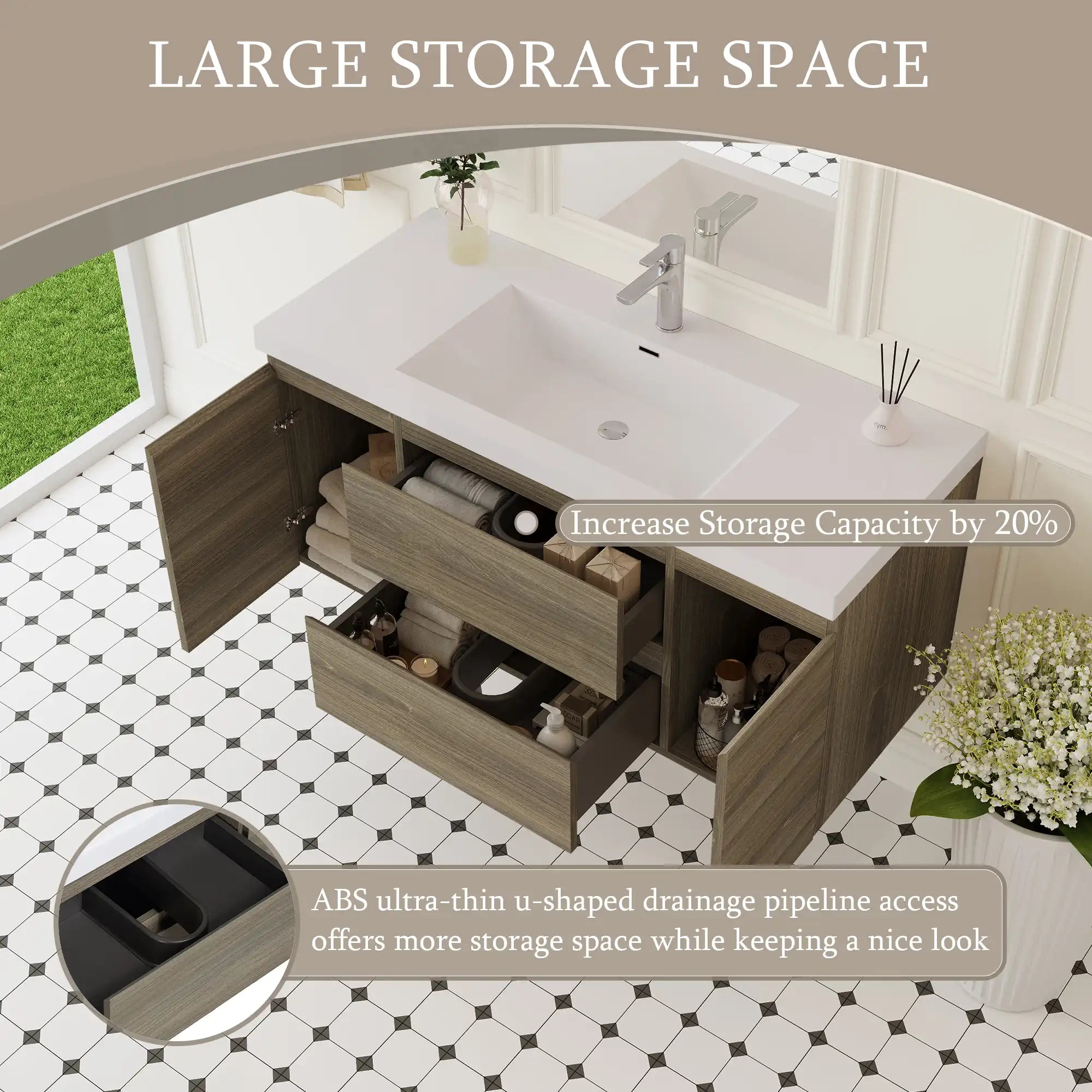Spacious drawers and cabinet storage of 48 inch bathroom vanity with organized interior layout | Ace Decor