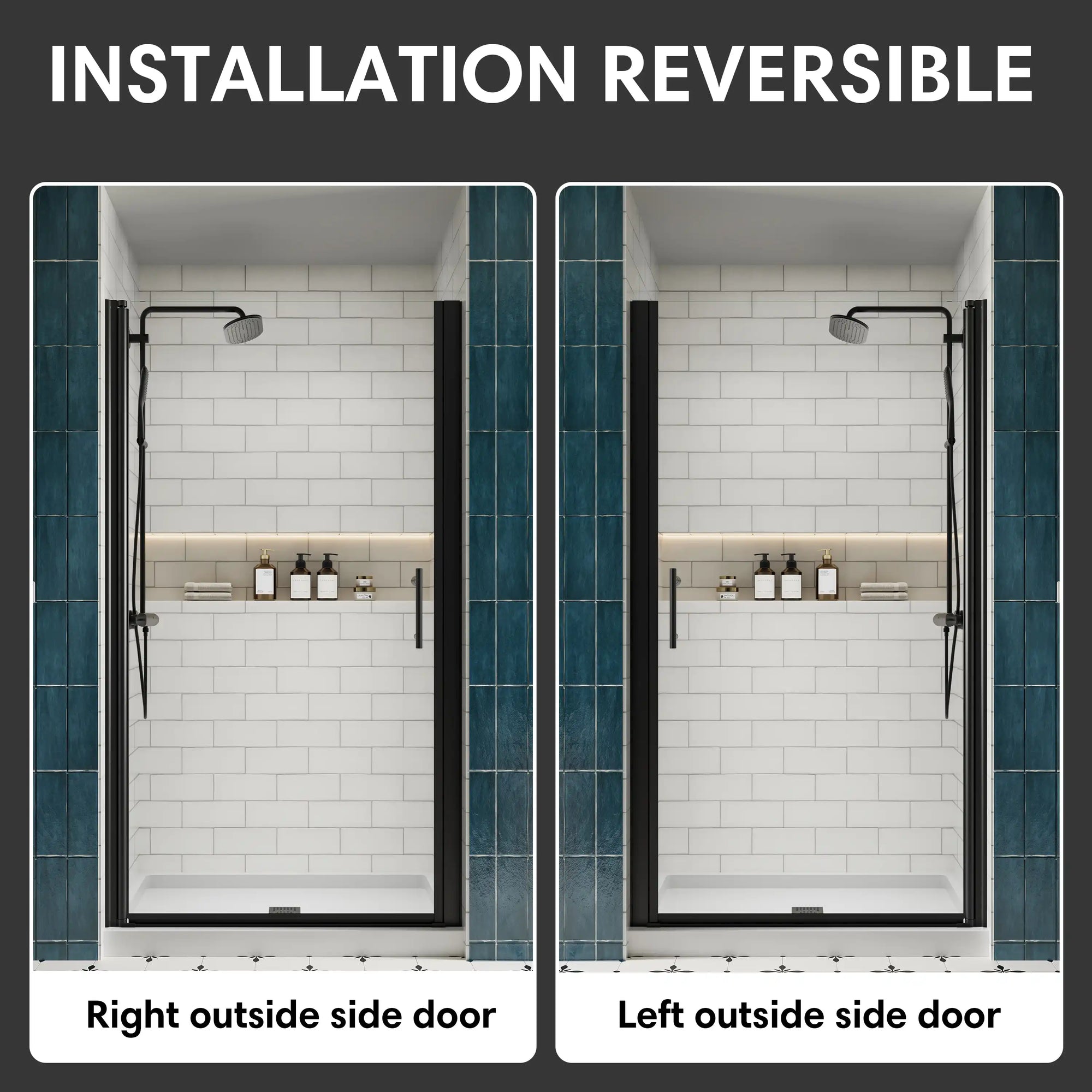 P103 Zerra Semi-Frameless Pivot Shower Door with Reversible Left or Right Installation.
