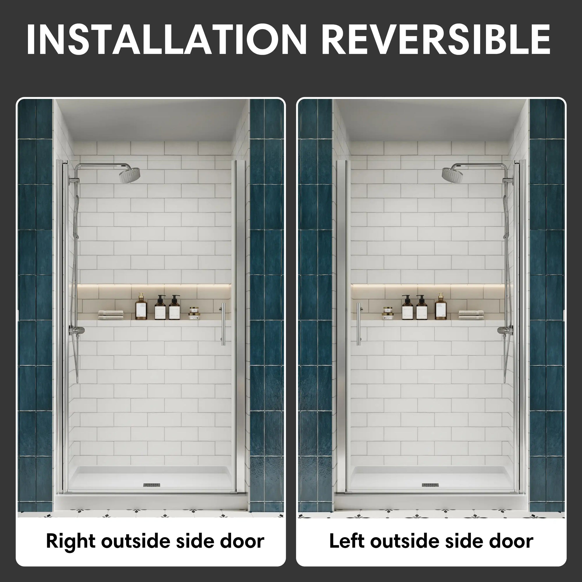 P103 Zerra Semi-Frameless Pivot Shower Door with Reversible Left or Right Installation.