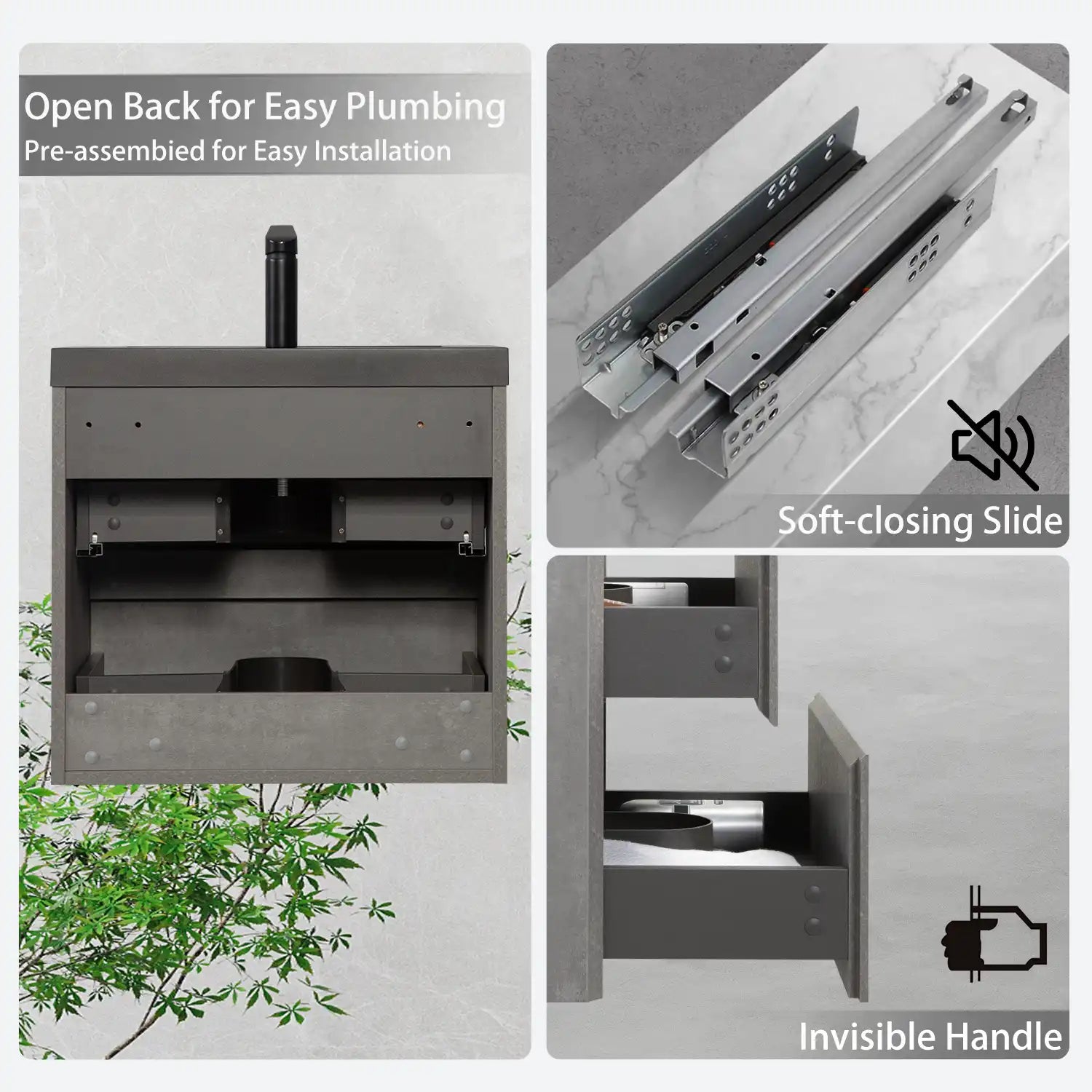 23''-47'' Floating Dark Grey Corner Vanity with Matte Black Sink - 2 Soft Close Drawers