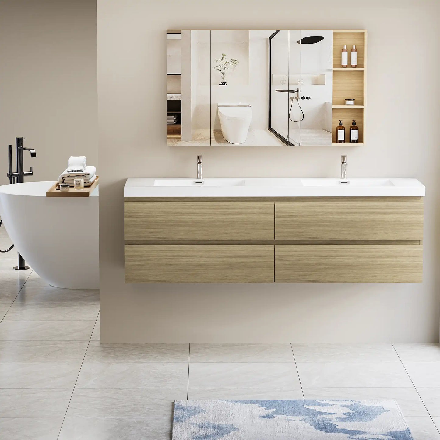 Sleek Floating Bathroom Vanity with Dual Resin Basins & Soft Close Drawers color: Oak