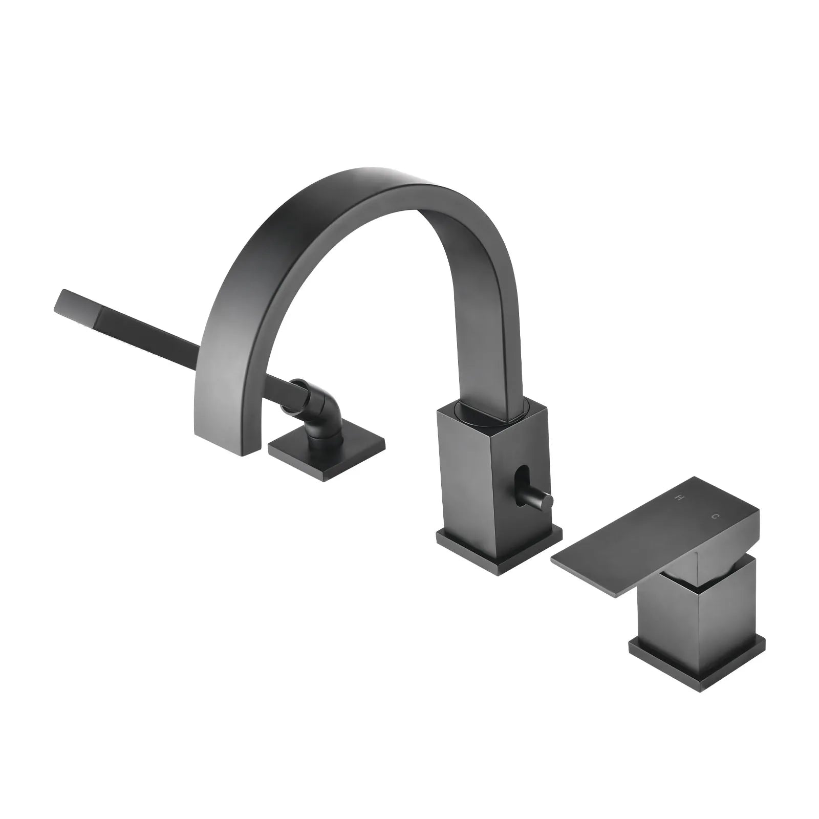 FLUNIX Matte Black Brass Waterfall Roman Deck Mounted Tub Faucet Set with Hand Shower