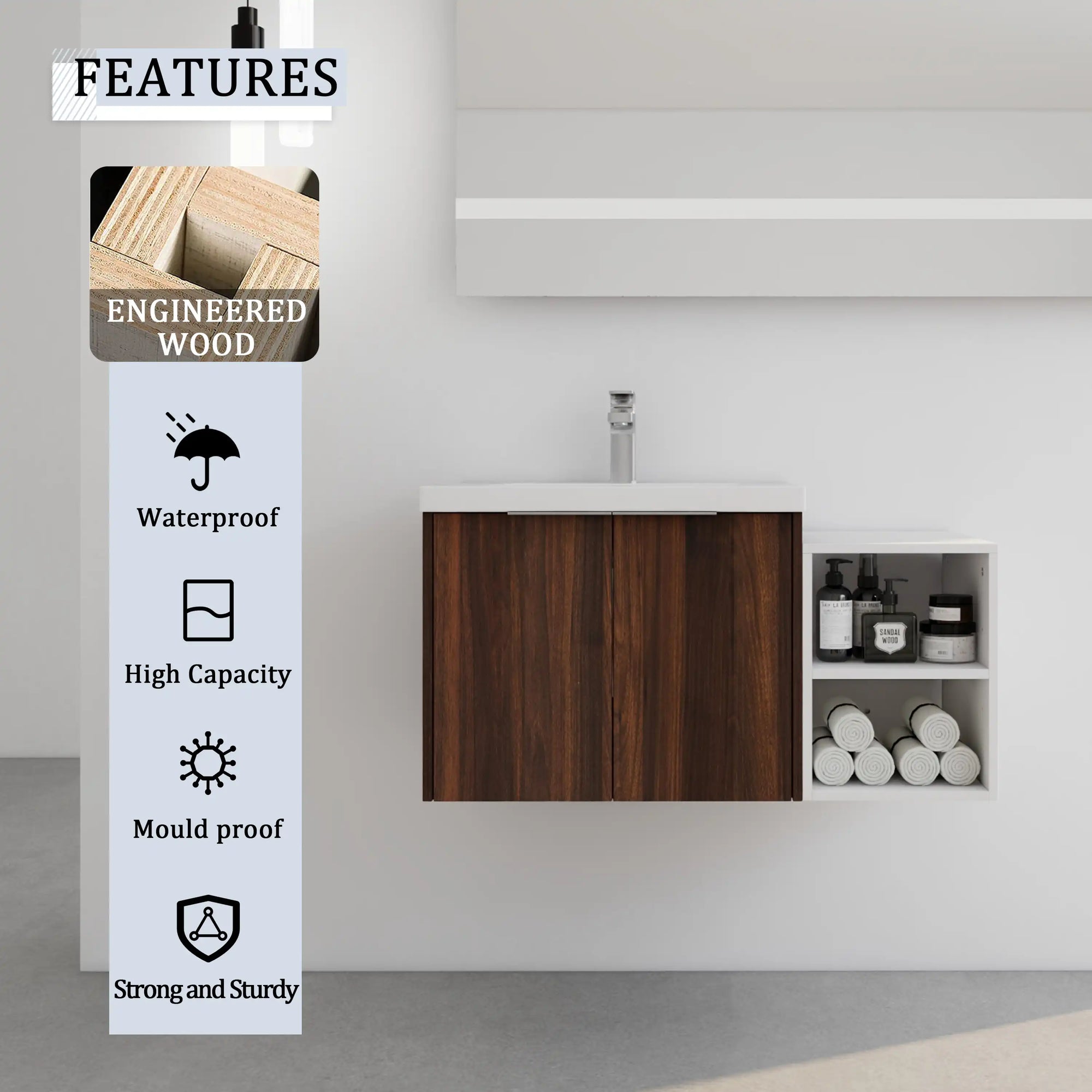 Monterey Series 36" Floating Bathroom Vanity in California Walnut with Side Cabinet and Integrated Sink