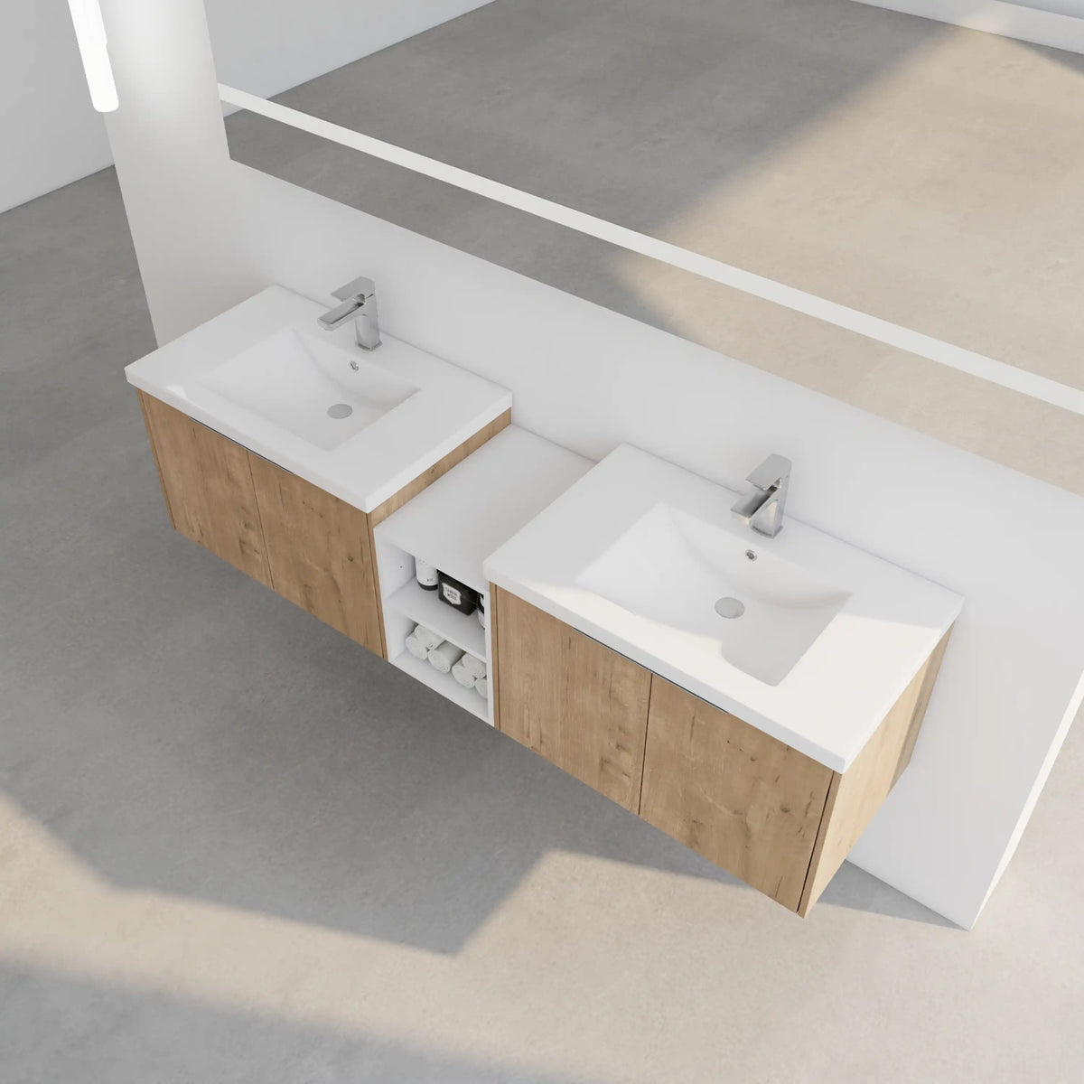 Top angled view of the Monterey Series 72 inch floating vanity with double cabinets in modern bathroom.
