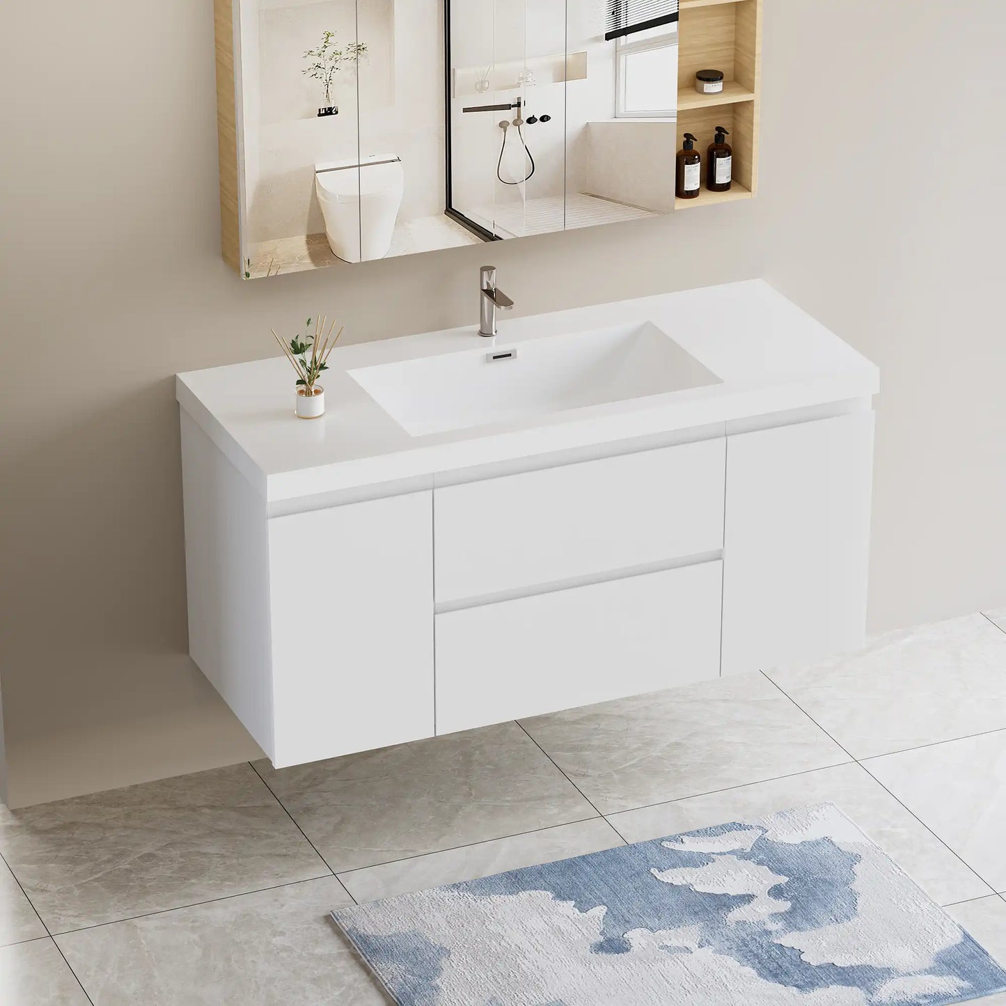 Modern Floating Bathroom Vanity with Resin Top Basin & Soft Close Drawers - Wall-Mounted Storage Cabinet color: White