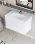 Floating Bathroom Vanity with Resin Top Basin & Soft Close Drawers - Modern Wall-Mounted Storage Cabinet color: Glossy White