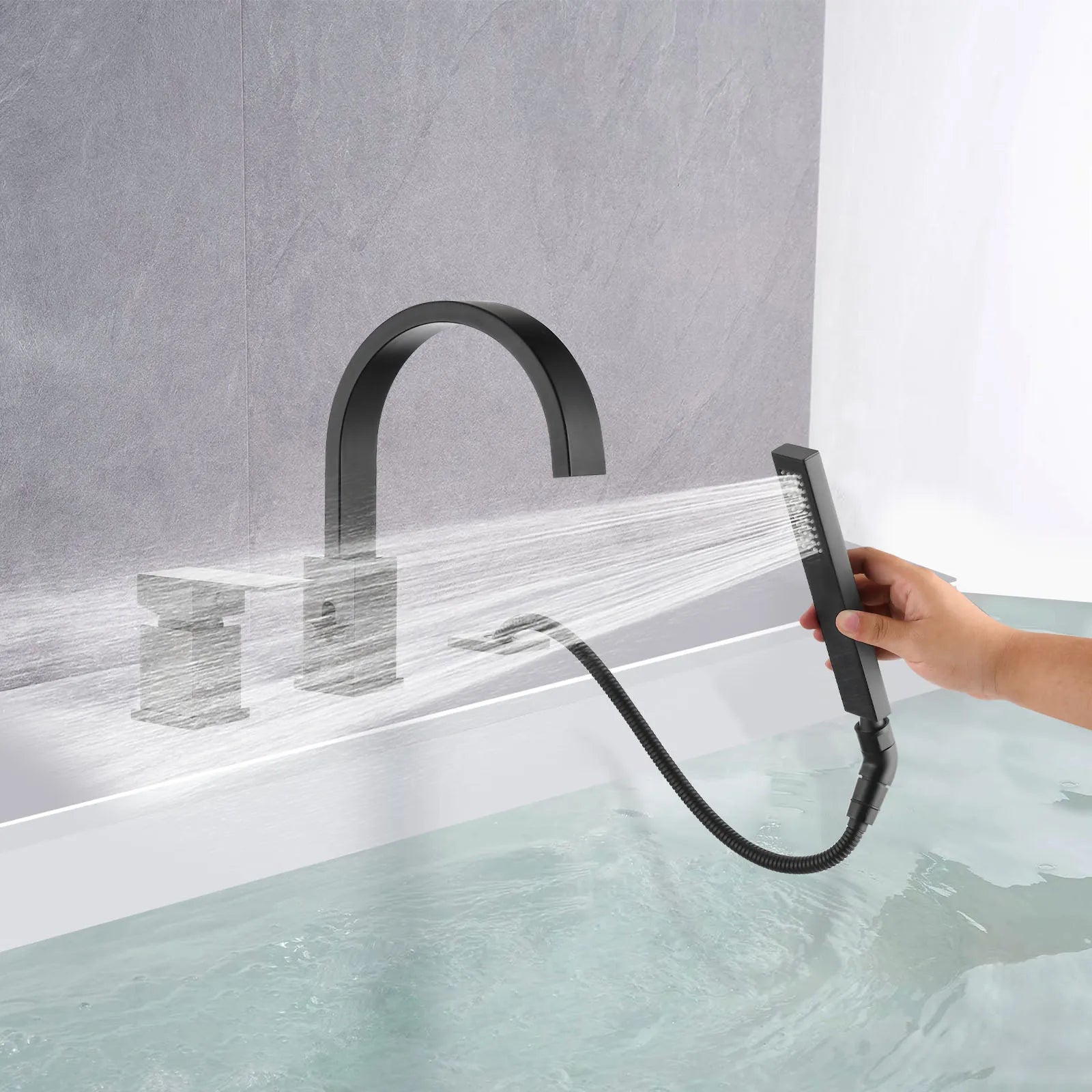 FLUNIX Matte Black Brass Waterfall Roman Deck Mounted Tub Faucet Set with Hand Shower