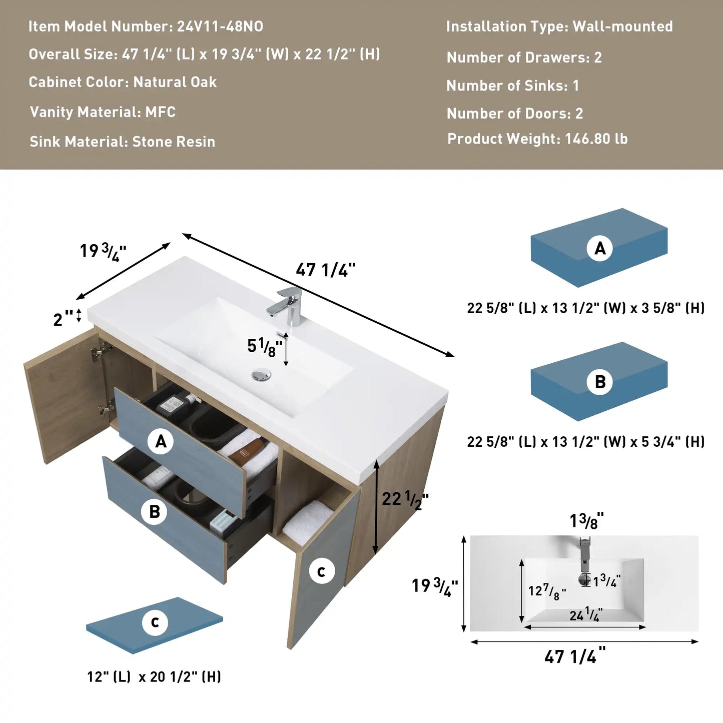 Modern Floating Bathroom Vanity with Resin Top Basin & Soft Close Drawers - Wall-Mounted Storage Cabinet color: Oak