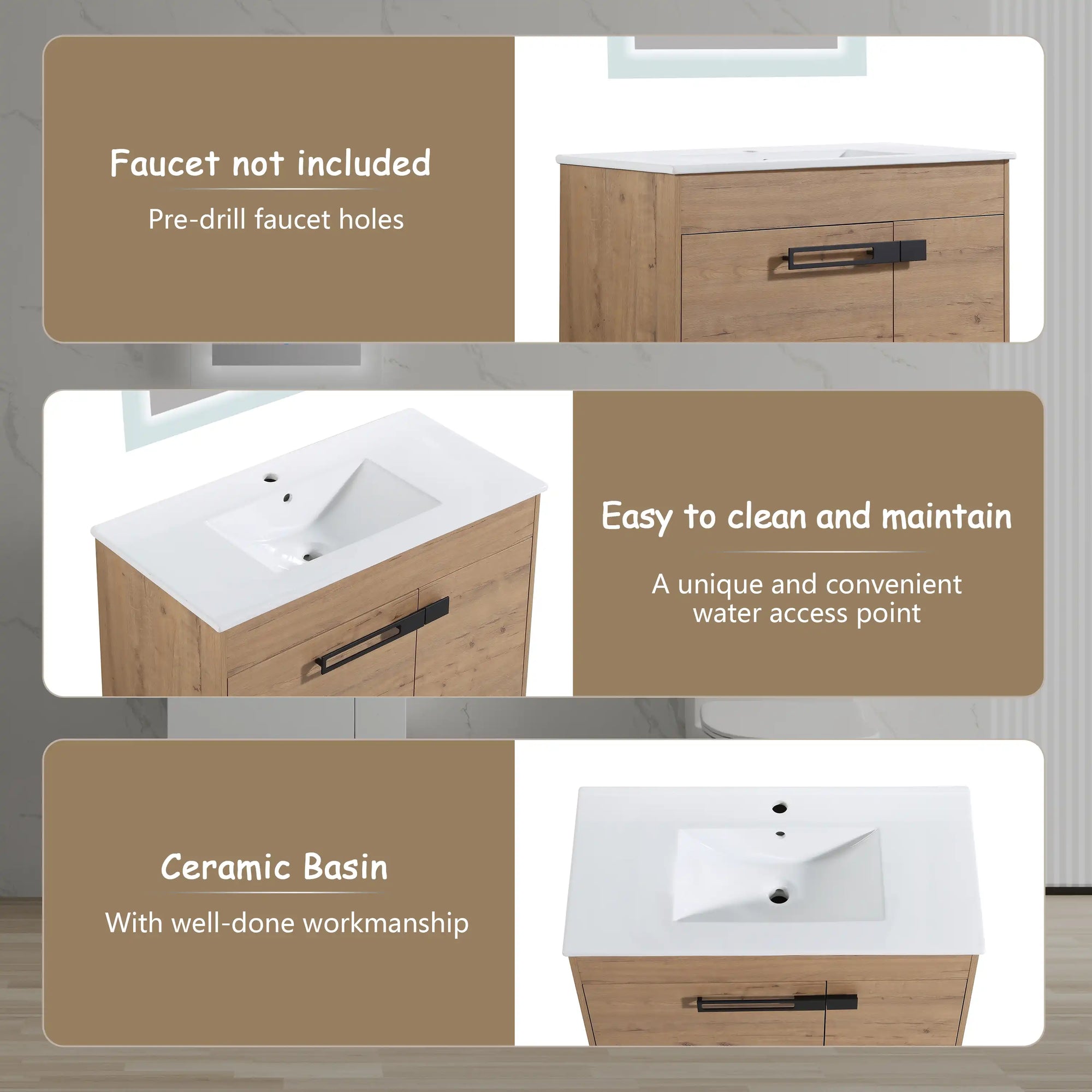 36" freestanding 36 inch bathroom vanity with ceramic basin, pre-drilled faucet holes, and easy-to-clean sink surface | Ace Decor