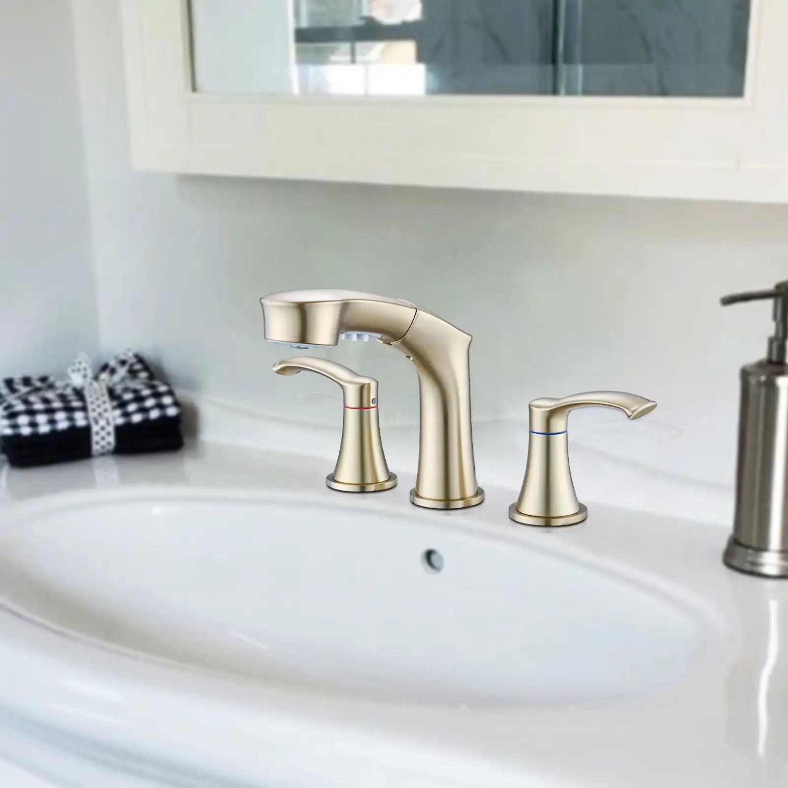 Harbor Series Brushed Gold Faucet Bathroom – Pull-Out Sprayer with 2 Handles