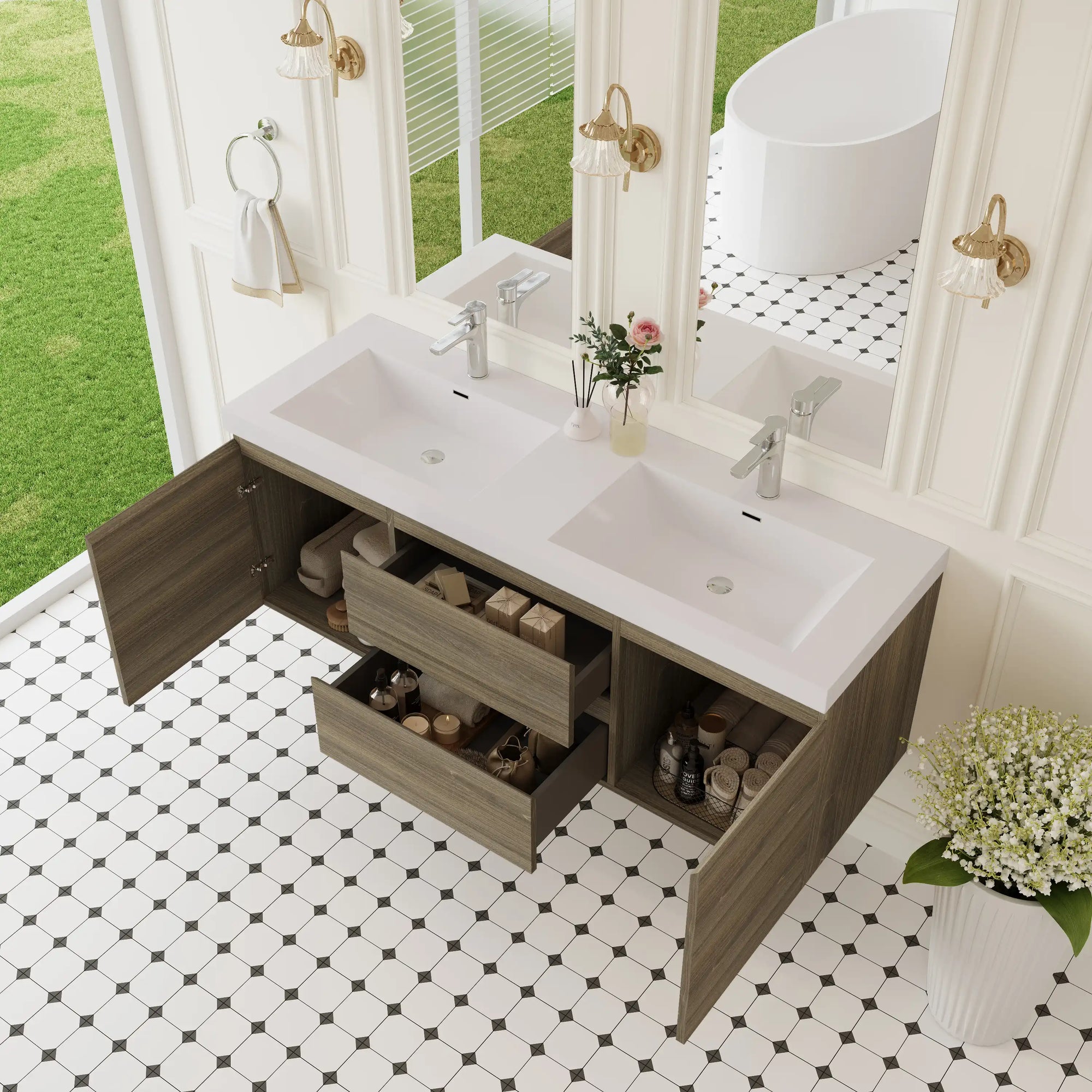 59 inch double sink vanity with integrated sinks and spacious storage drawers, ash grey floating design | Ace Decor
