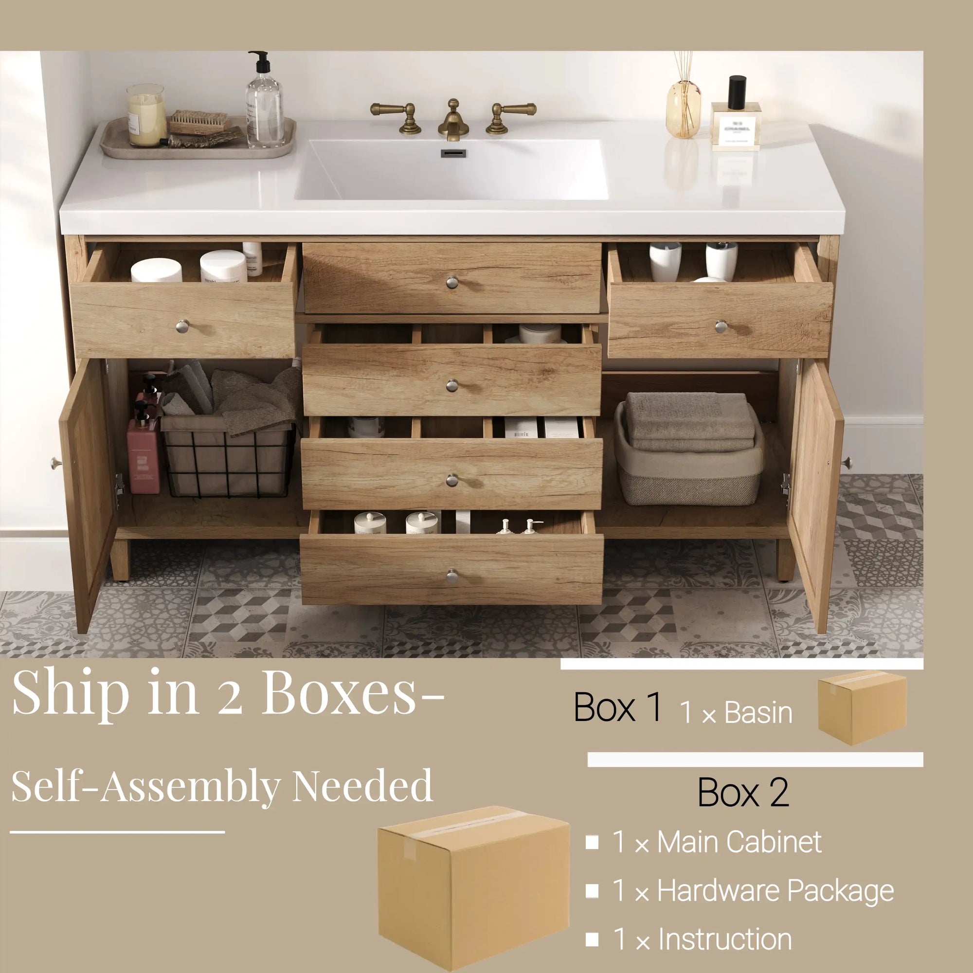 Soleil 60&quot; Bathroom Vanity with Sink, Natural Wood Cabinet with Drawers