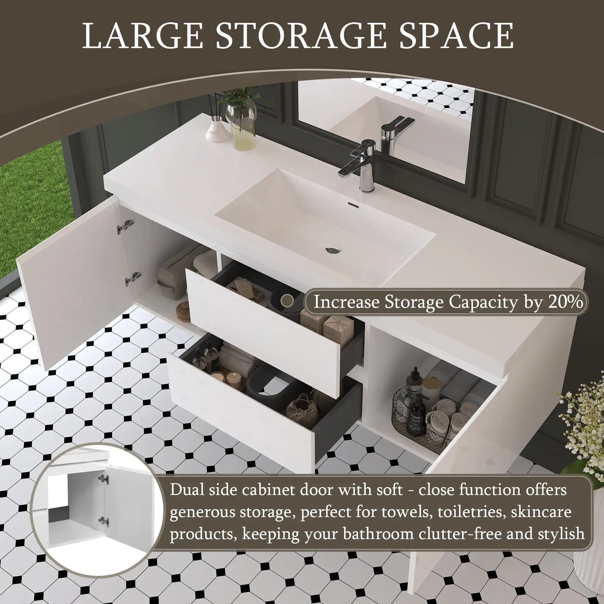 59 inch bathroom vanity with large storage drawers and side cabinets, white floating bathroom vanity layout | Ace Decor
