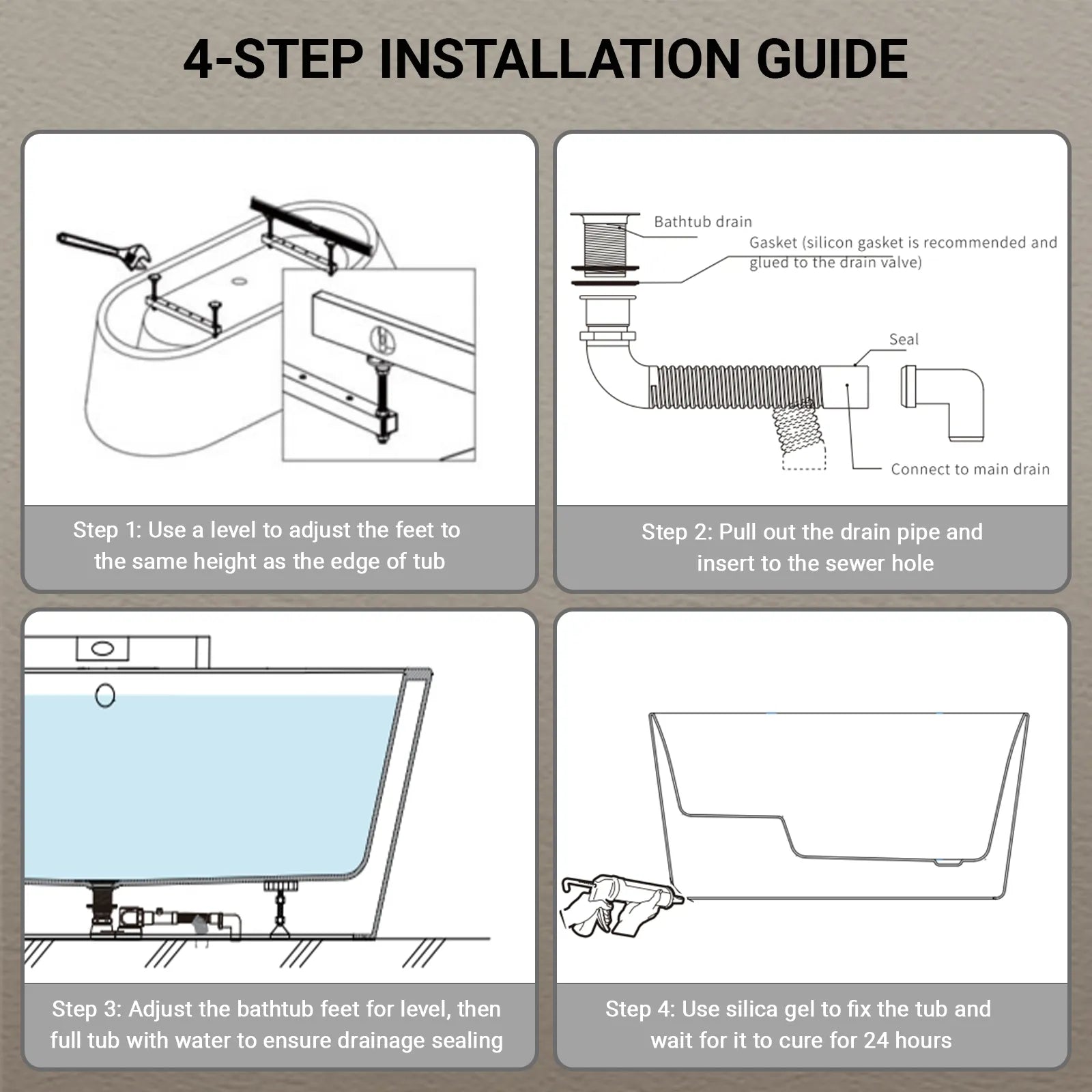 Nectar Series freestanding soaking tub simple 4-step visual installation guide.