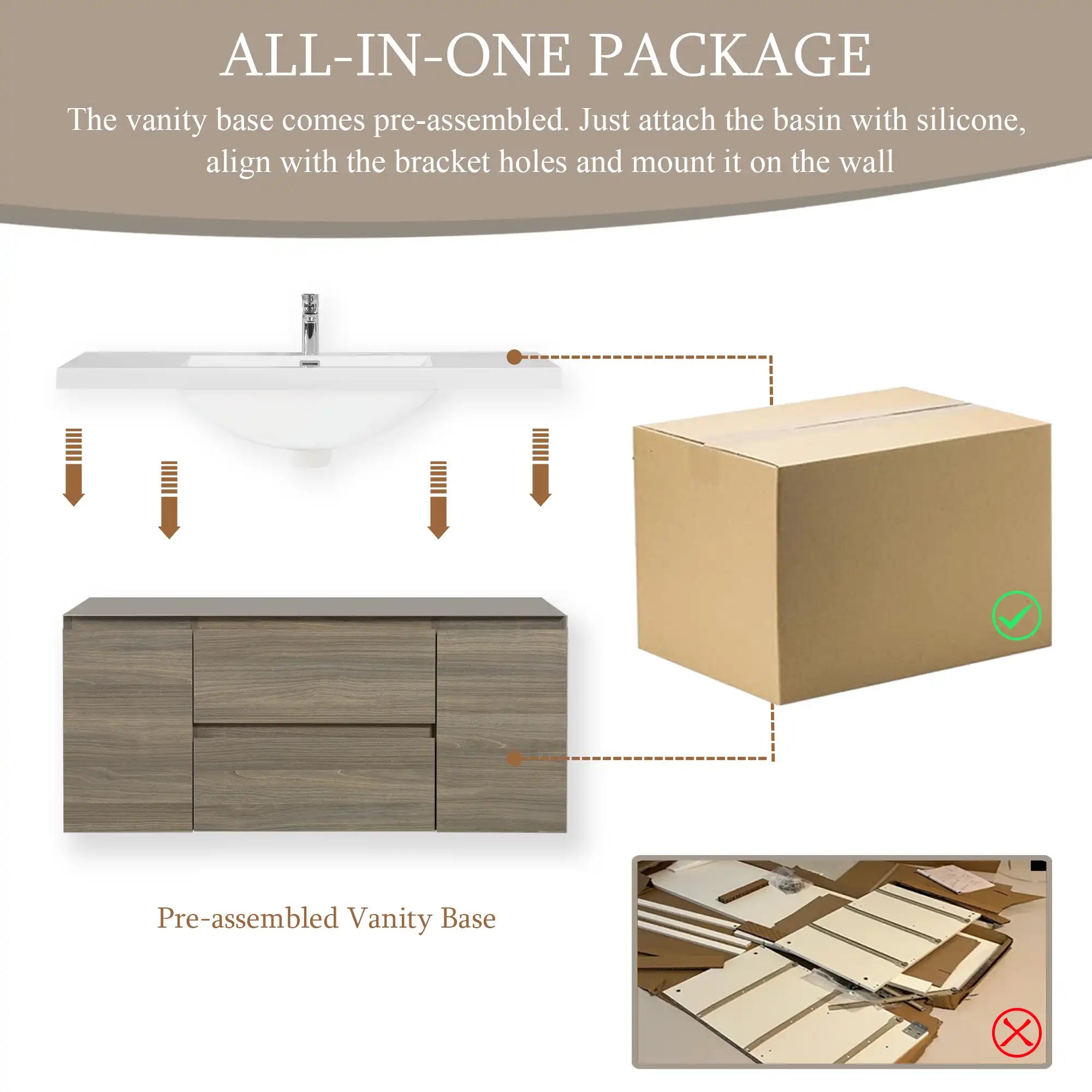 Pre-assembled 48 inch bathroom vanity packaging showing easy wall-mounted installation system | Ace Decor