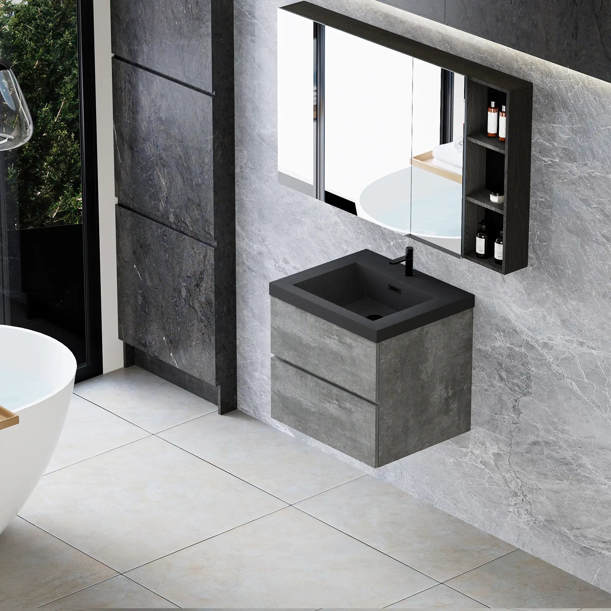 Floating Bathroom Vanity with Quartz Sand Basin and Soft Close Drawers color: Grey