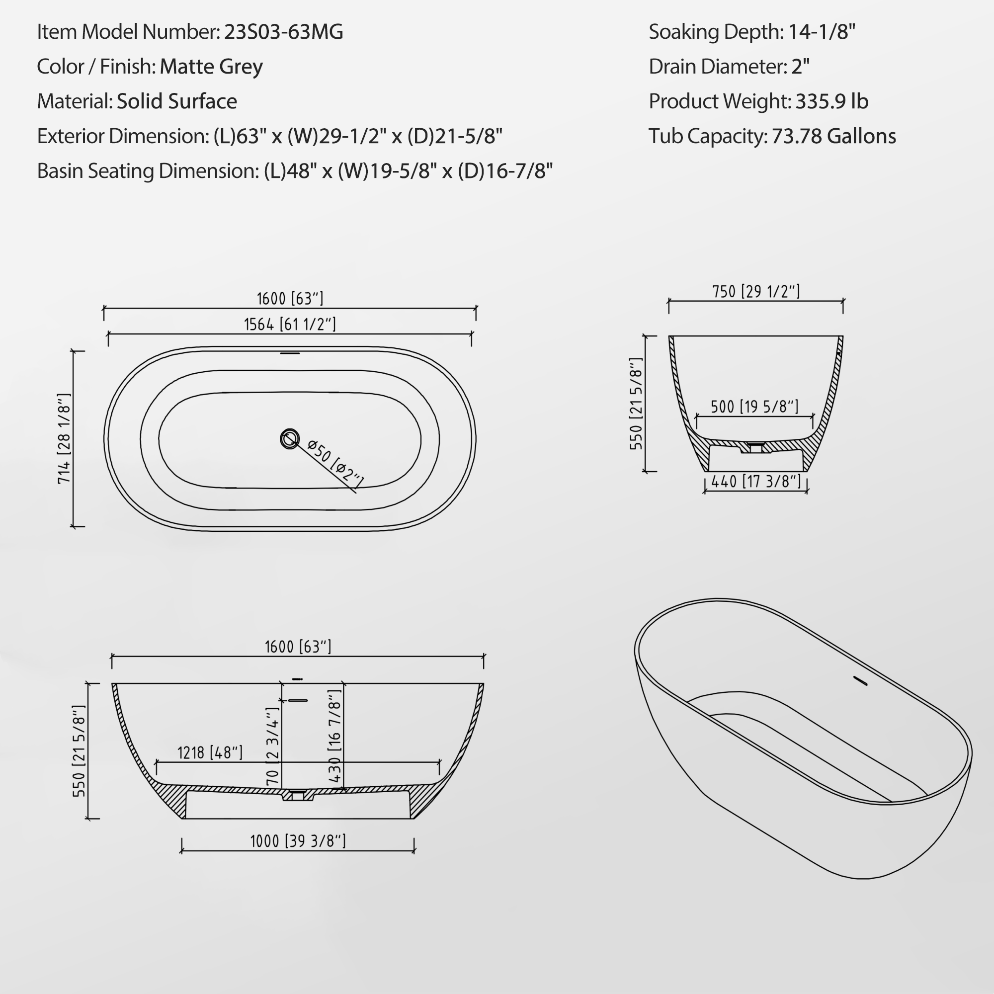 Dimensions Diagram of the Nectar Series Matte Gray Soaking Bathtub.